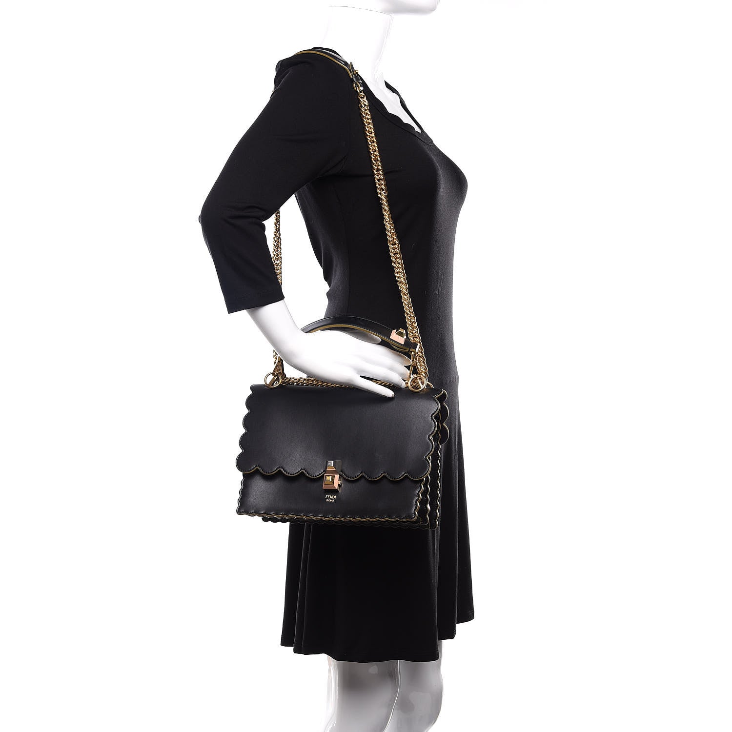 Fendi Vitello Liberty Scalloped Studded Kan I Shoulder Bag Black 2 of 20