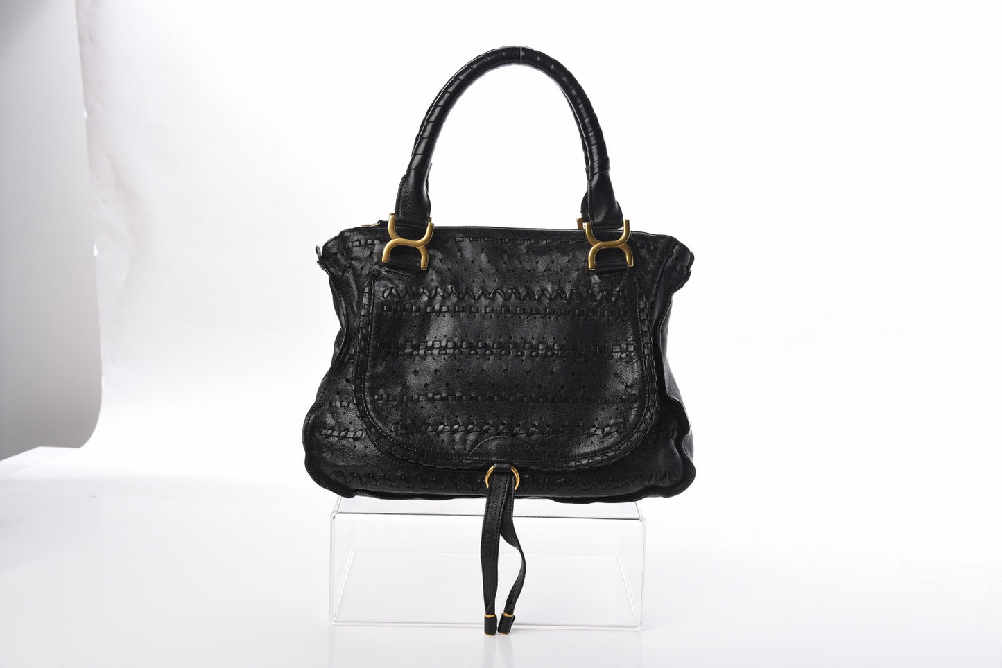 Lambskin Embroidered Medium Marcie Satchel Black
