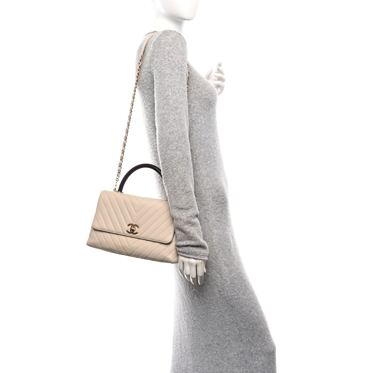 Chanel Caviar Lizard Embossed Chevron Quilted Small Coco Handle Flap Beige 2 of 11