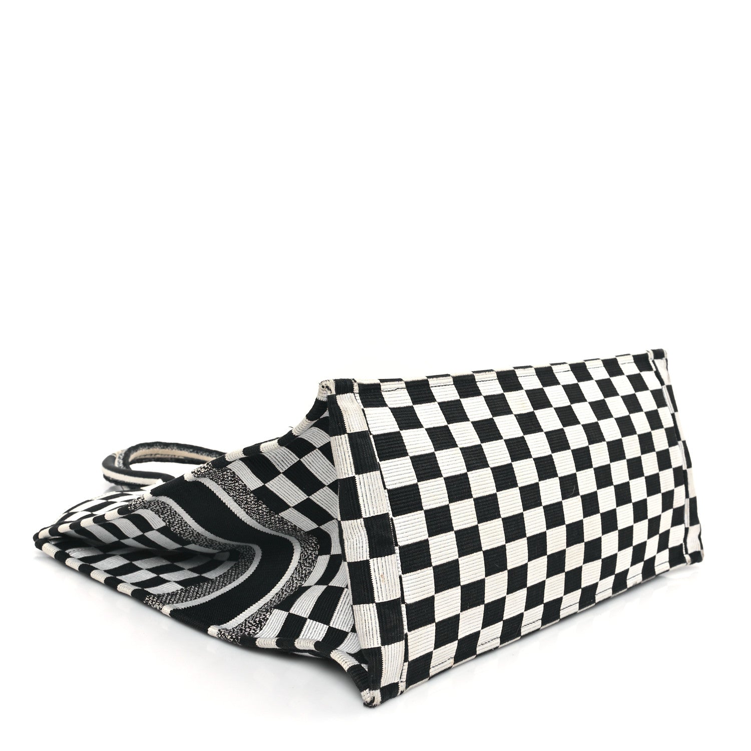 Christian Dior Canvas Embroidered Checkered Book Tote Black White 4 of 14