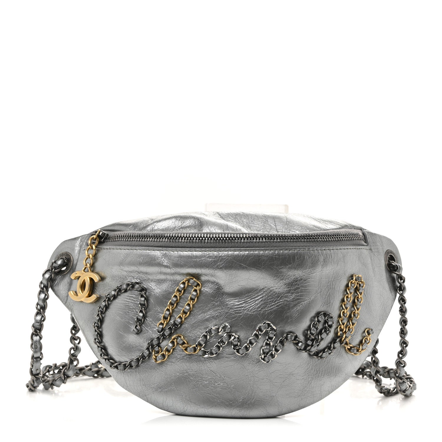Chanel Metallic Crumpled Calfskin Chain 20s Signe Waist Bag Silver