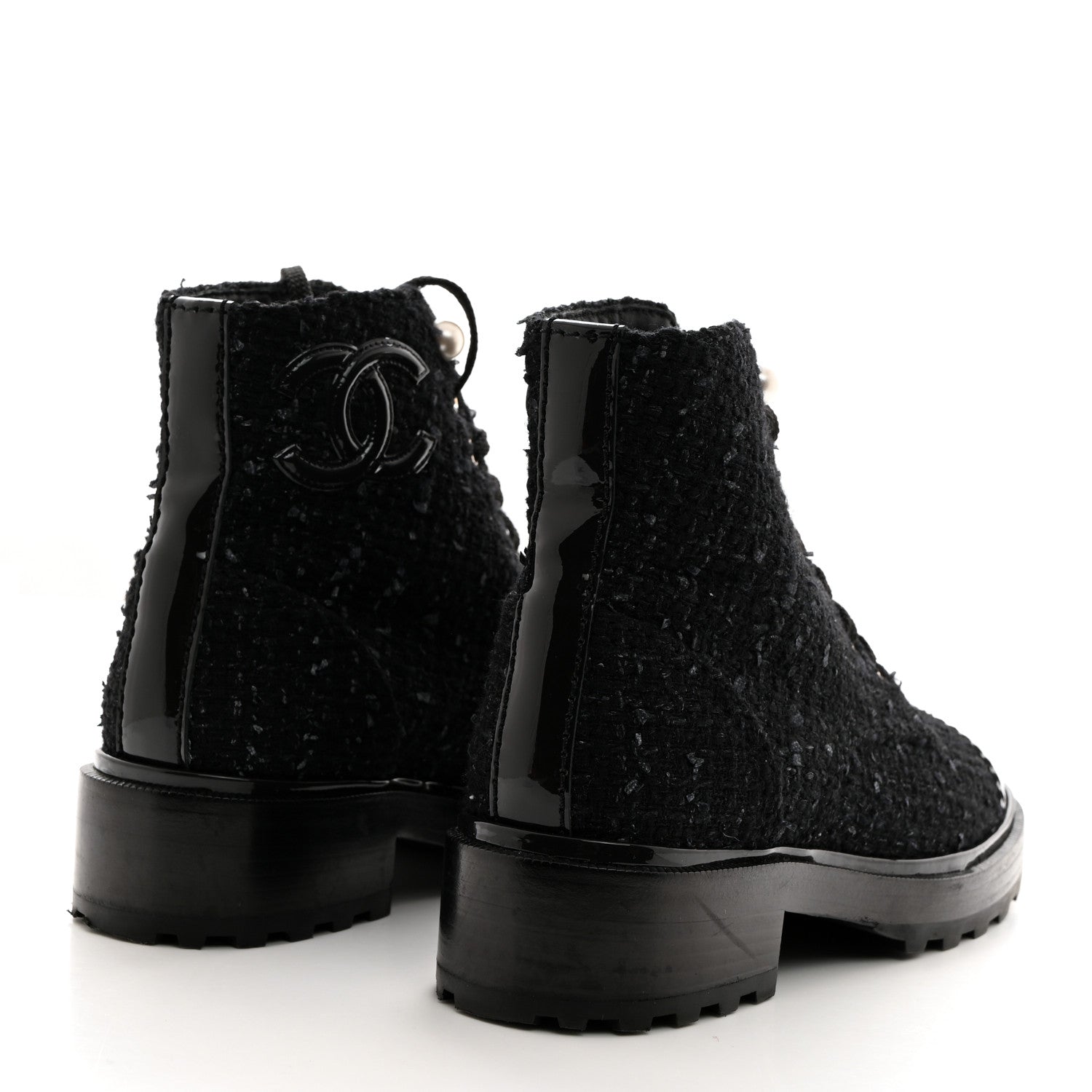 Chanel Tweed Patent Calfskin Pearl Combat Short Boots 36.5 Black Grey Blue 4 of 9