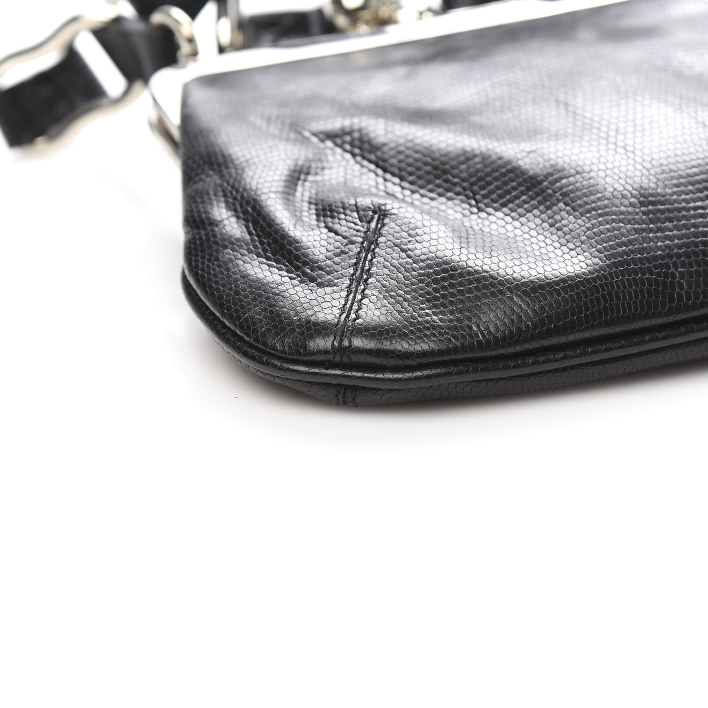 Calfskin Lizard Embossed Frame Crossbody Bag Black