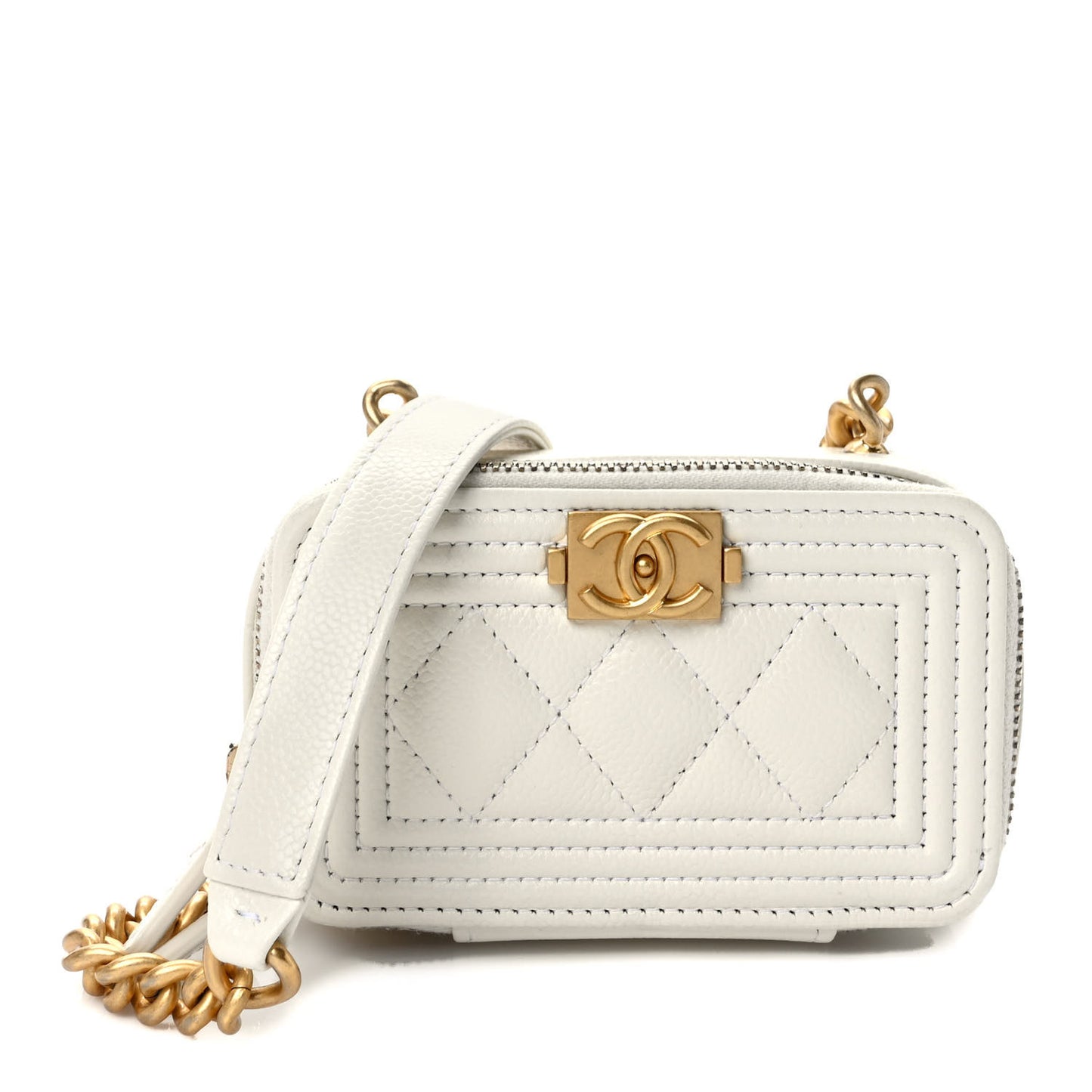 Caviar Quilted Mini Boy Clutch With Chain White