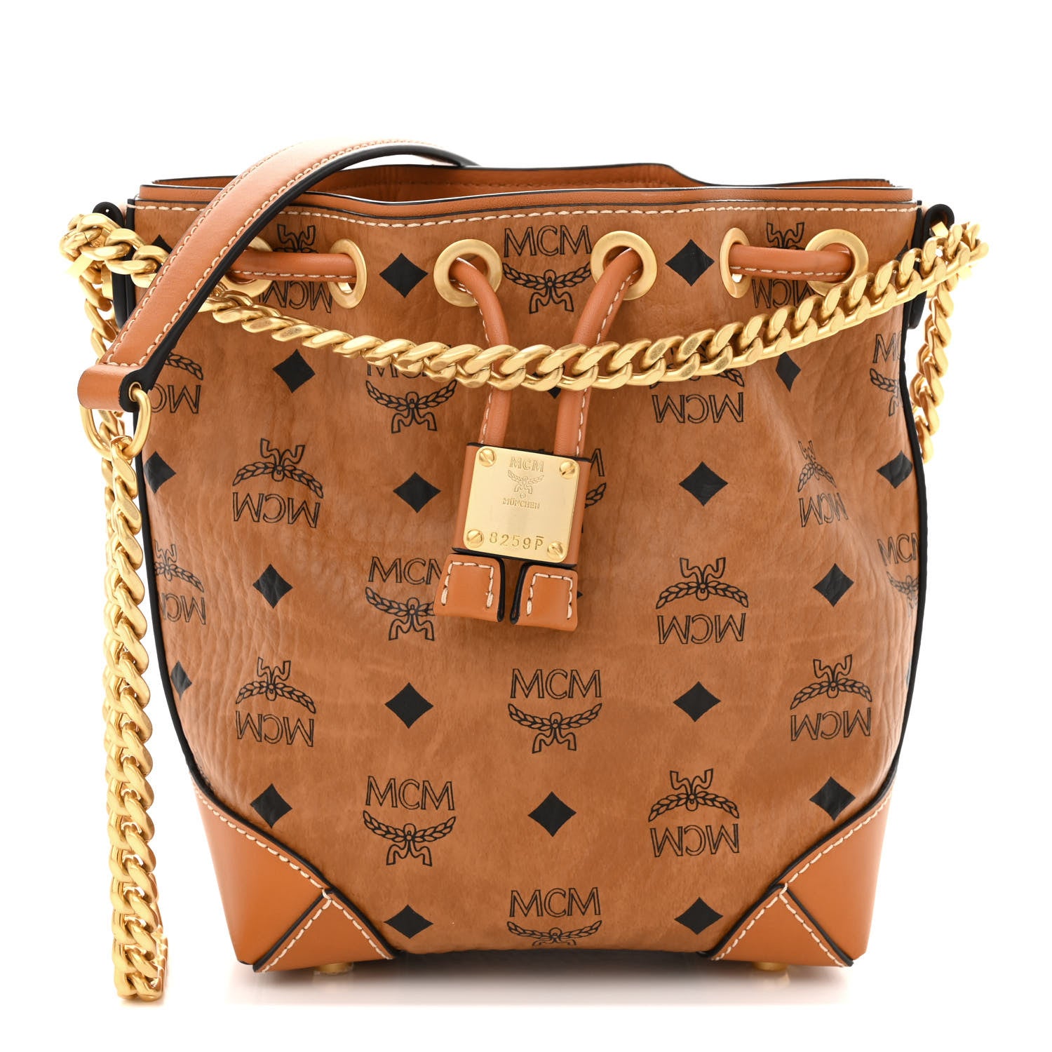 MCM Visetos Berlin Mini Drawstring Bucket Bag Cognac 1 of 11