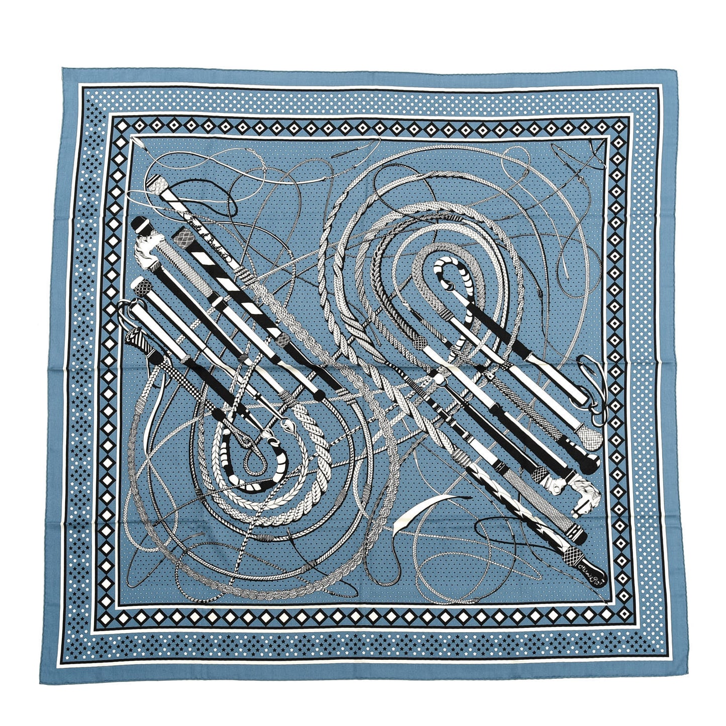 Silk Cashmere Fouets Et Badines Bandana Shawl 140 Bleu Orage White