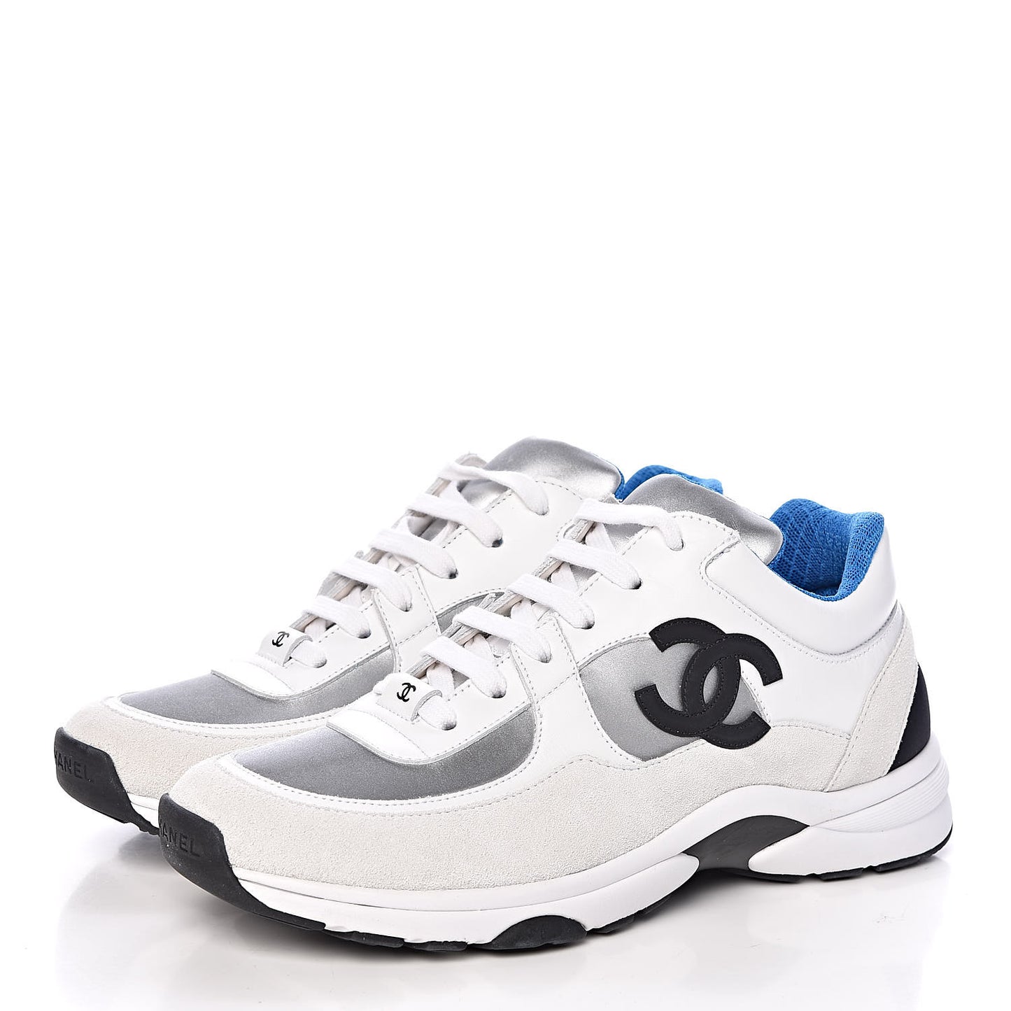 Suede Calfskin Womens CC Sneakers 39.5 White Silver Blue