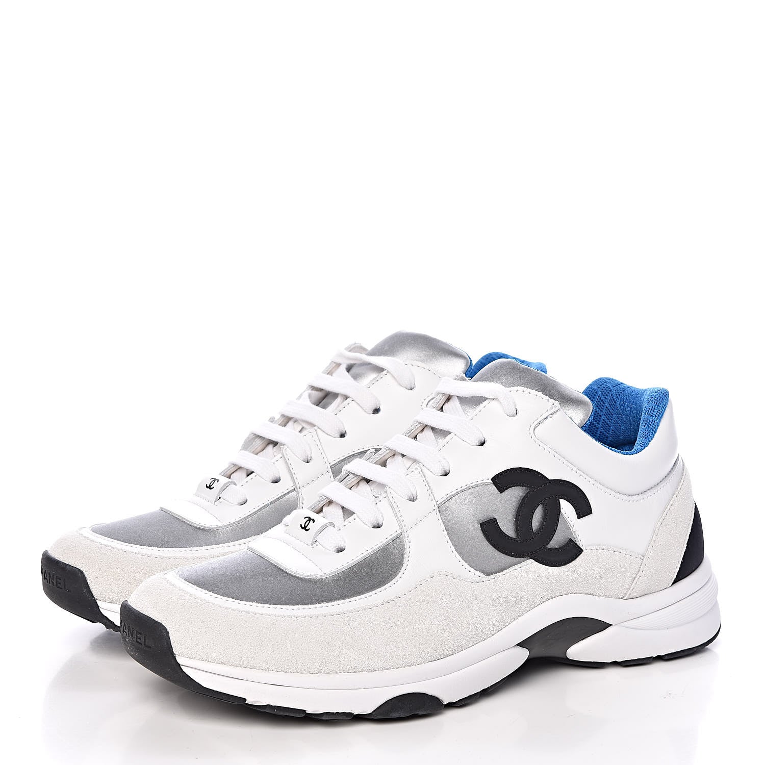 Chanel Suede Calfskin Womens CC Sneakers 39.5 White Silver Blue 3 of 9