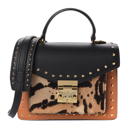 MCM Calfskin Leopard Studded Small Patricia Crossbody Bag Cognac Black 1 of 11