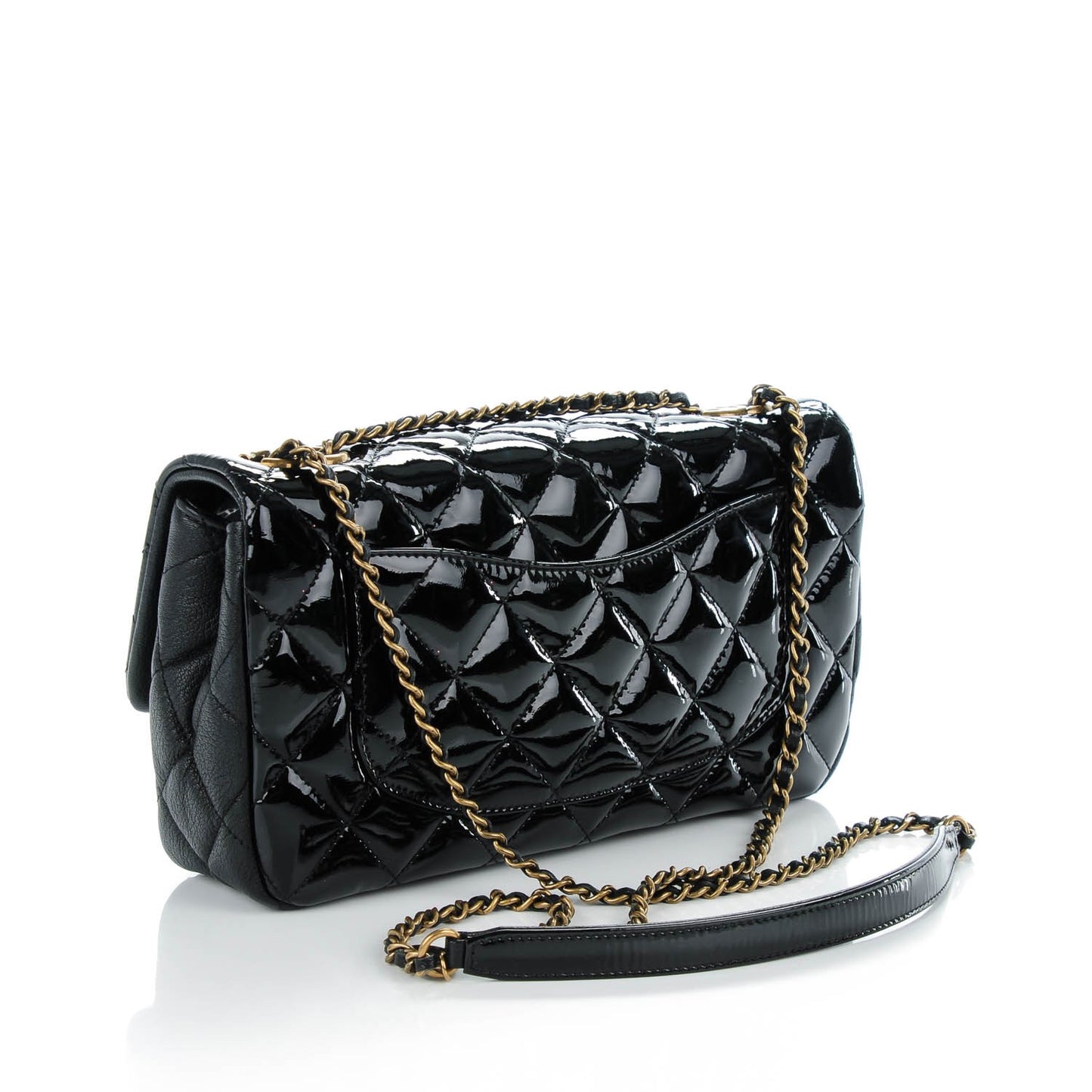 Patent Goatskin Quilted Medium CC Eyelet Flap Black