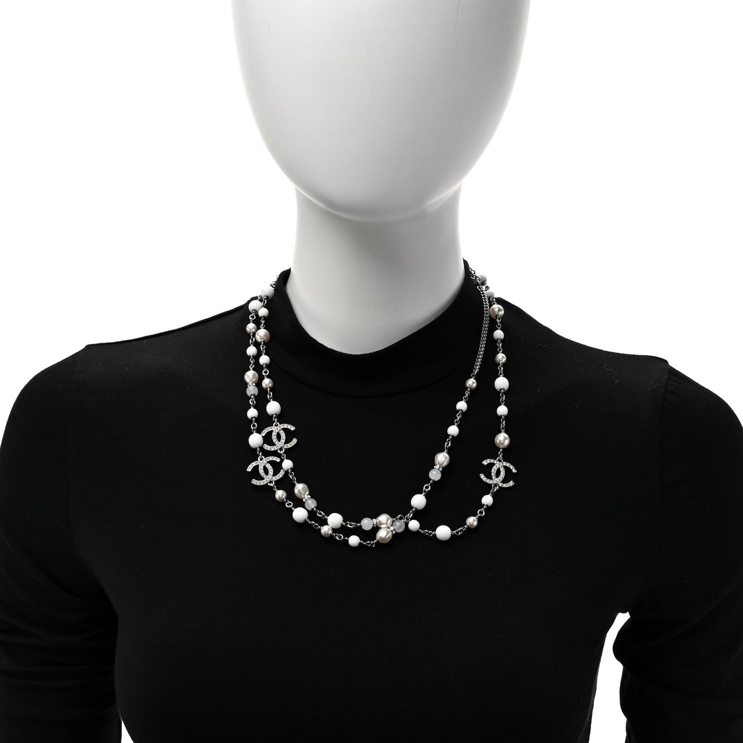 Crystal Pearl CC Long Necklace Silver Pearly White
