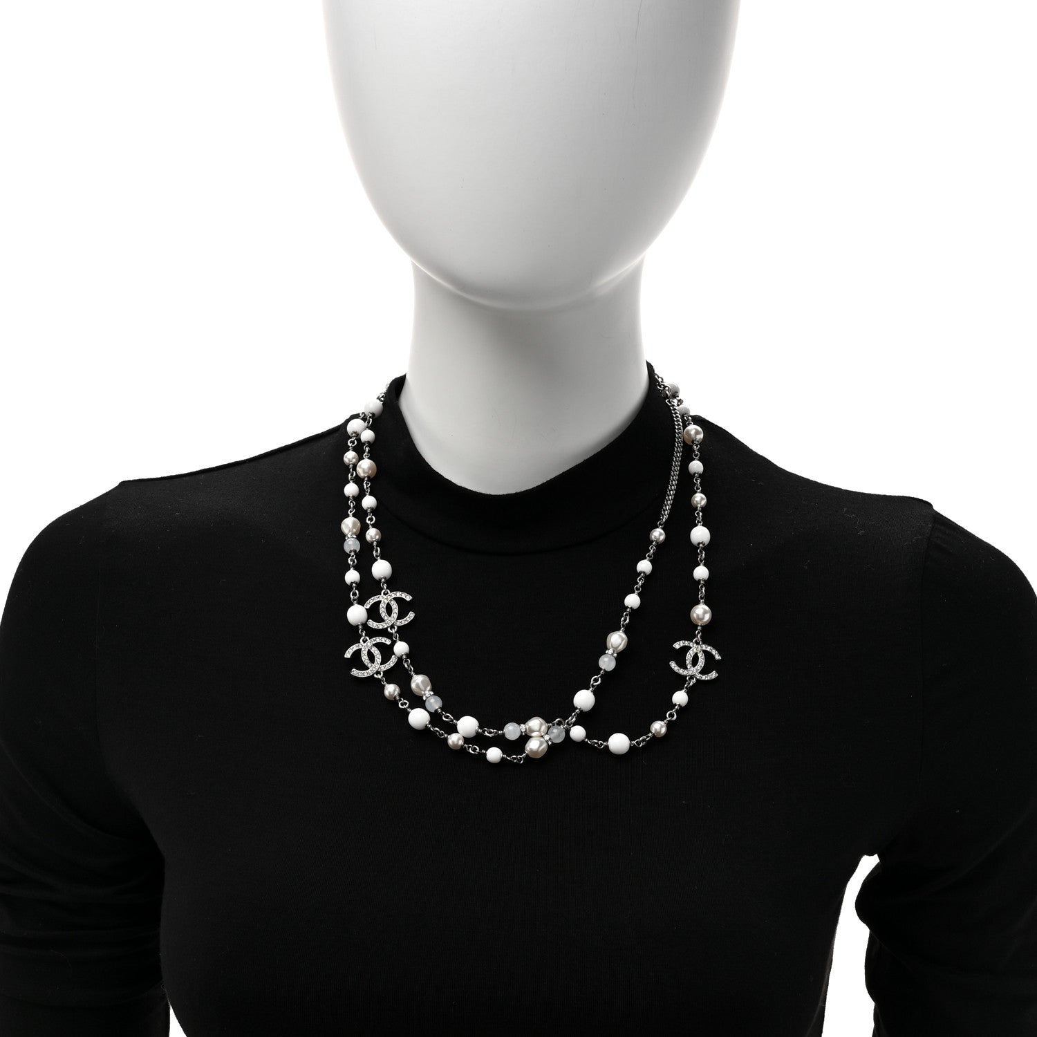 Chanel Crystal Pearl CC Long Necklace Silver Pearly White 2 of 5