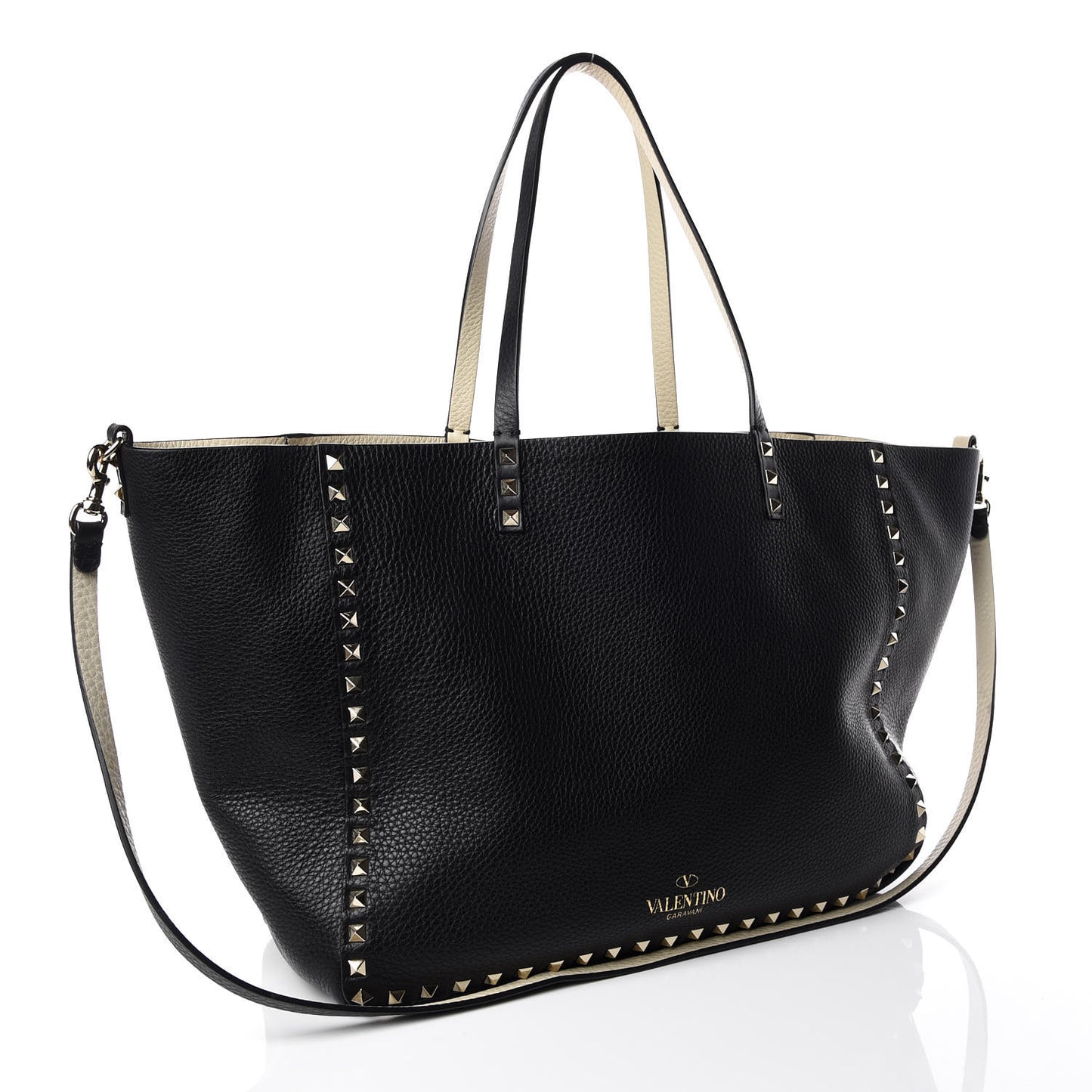Grained Calfskin Medium Rockstud Reversible Tote Black Ivory