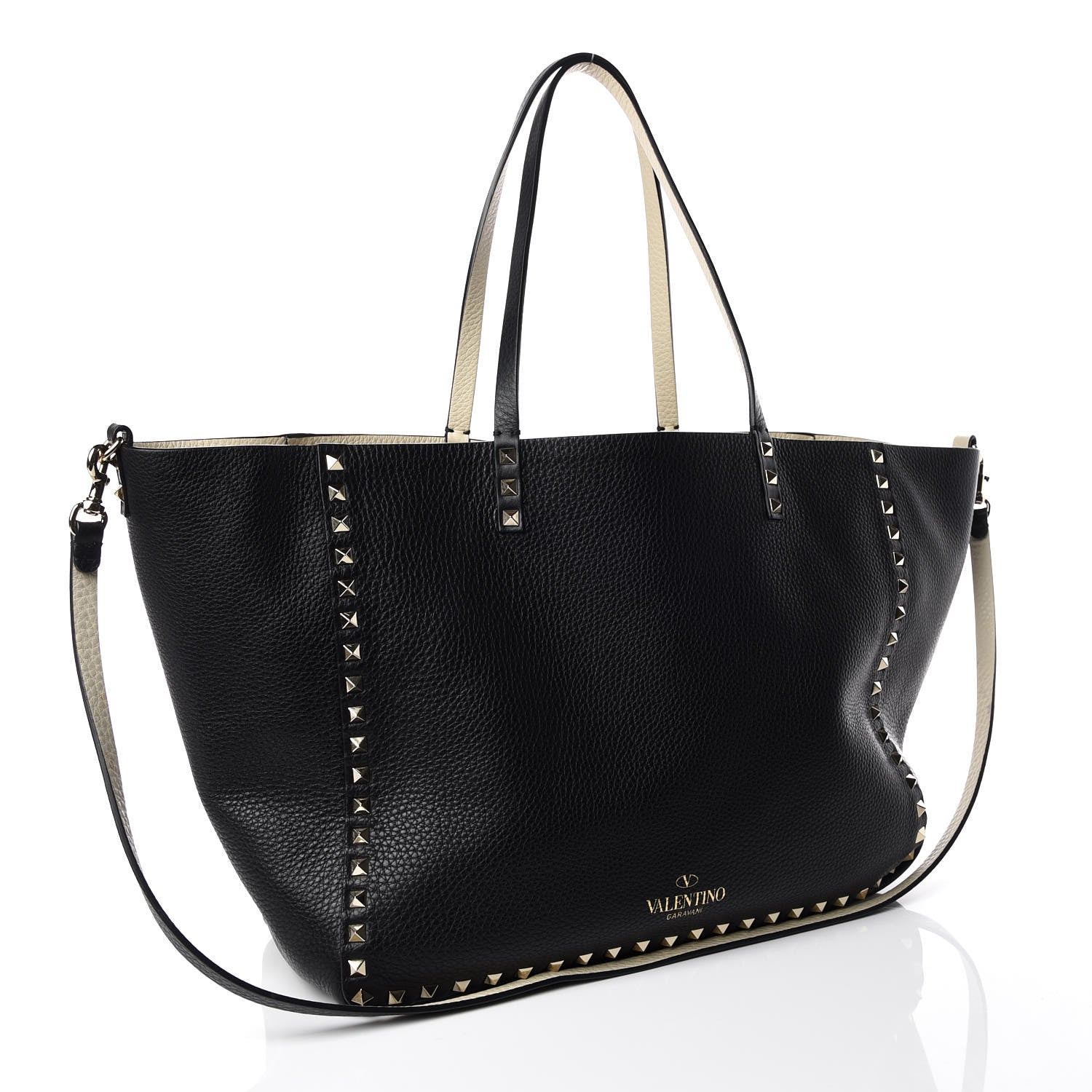 Valentino Garavani Grained Calfskin Medium Rockstud Reversible Tote Black Ivory 5 of 14