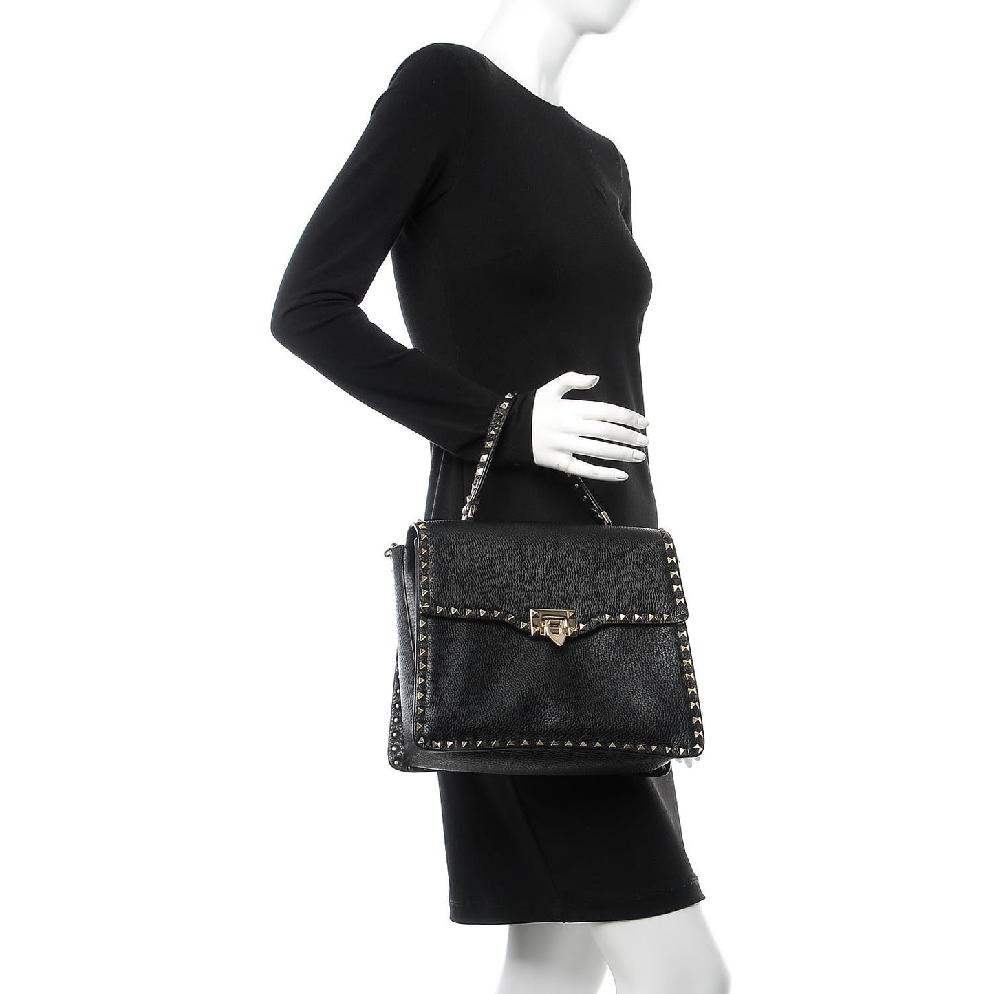 Grained Calfskin Rockstud Top Handle Flap Shoulder Bag Black