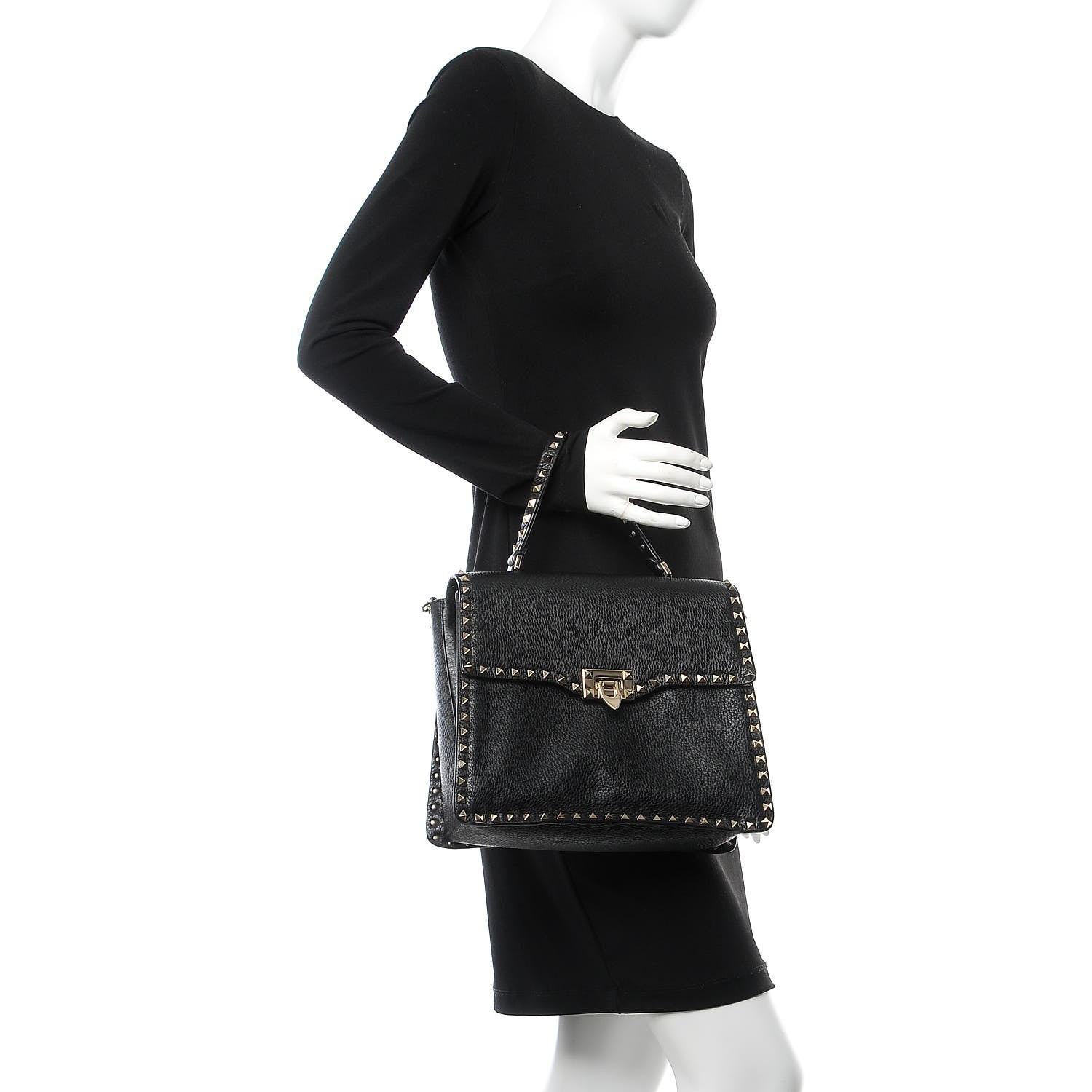 Valentino Garavani Grained Calfskin Rockstud Top Handle Flap Shoulder Bag Black 3 of 8