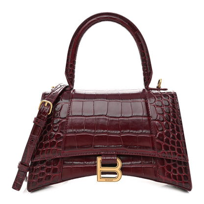 Balenciaga Shiny Calfskin Crocodile Embossed Small Hourglass Top Handle Bag Dark Red 1 of 10