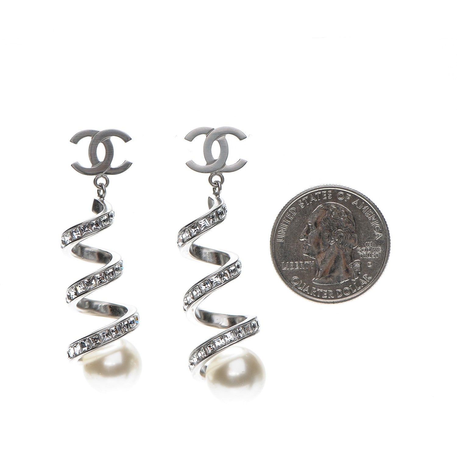 Chanel Pearl Crystal CC Drop Earrings Silver 2 of 4