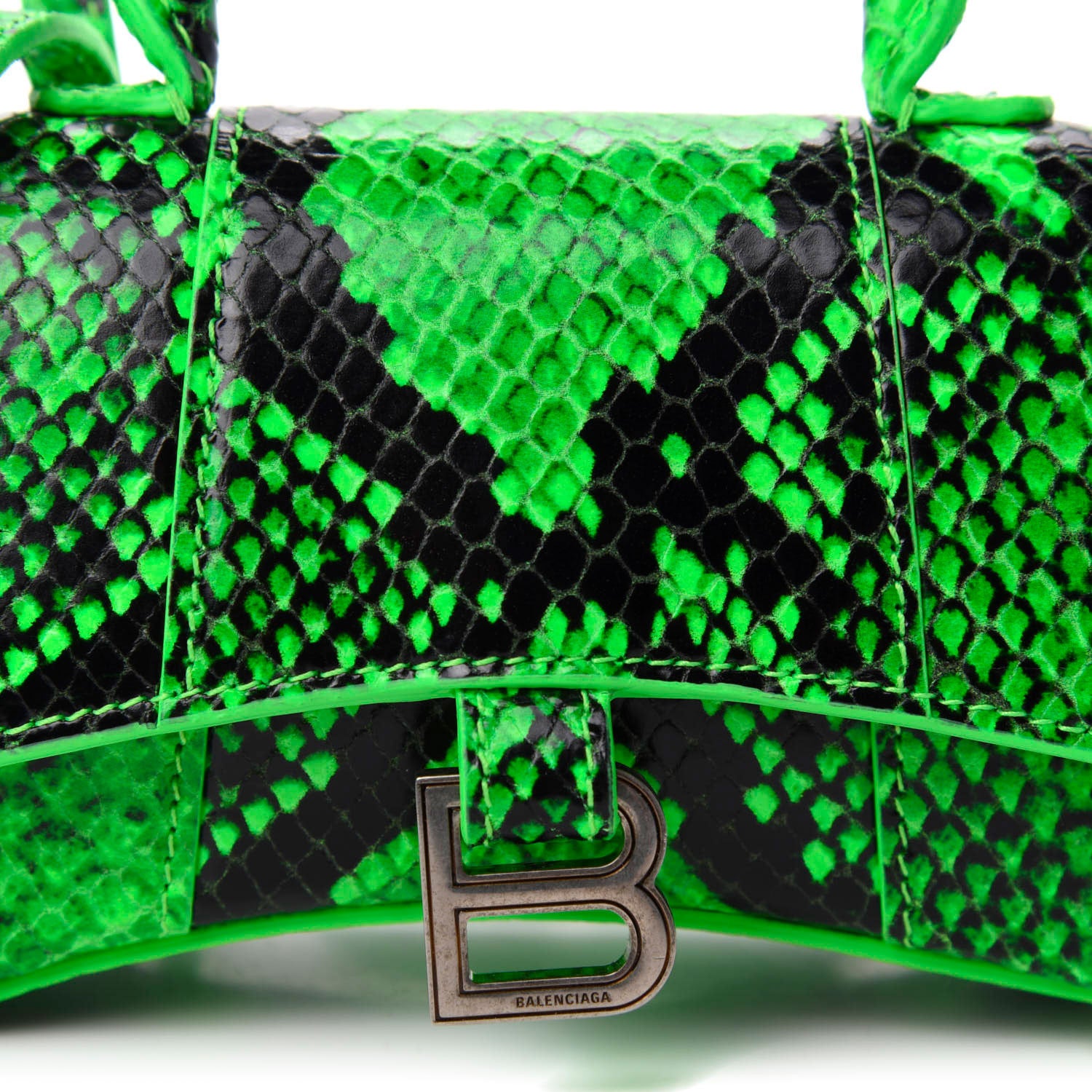 Balenciaga Shiny Calfskin Python Effect Hourglass Top Handle Bag Mini Fluo Green Black 10 of 10