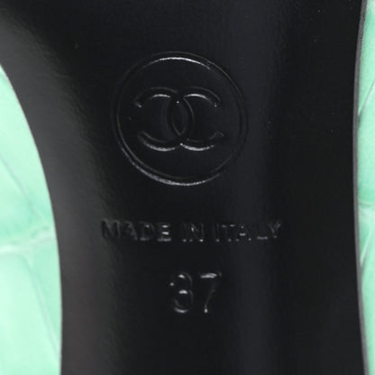 Chanel Crocodile Embossed Patent Calfskin Pumps 37 Green Black 7 of 9