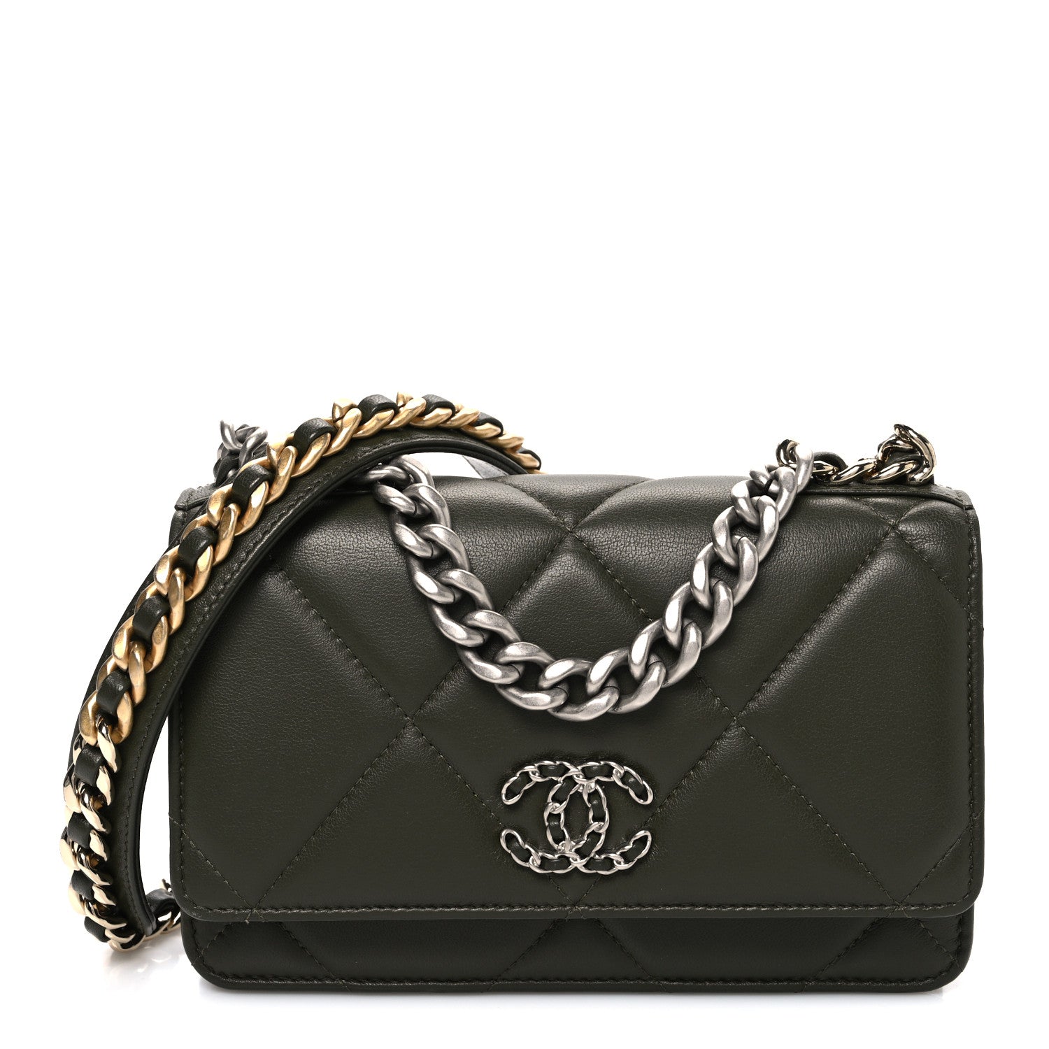 Chanel Lambskin Quilted Chanel 19 Wallet On Chain WOC Dark Green 1 of 11