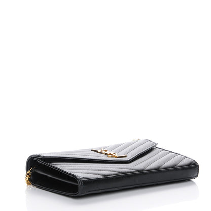 Saint Laurent Grain De Poudre Matelasse Chevron Medium Monogram Chain Wallet Black 4 of 9