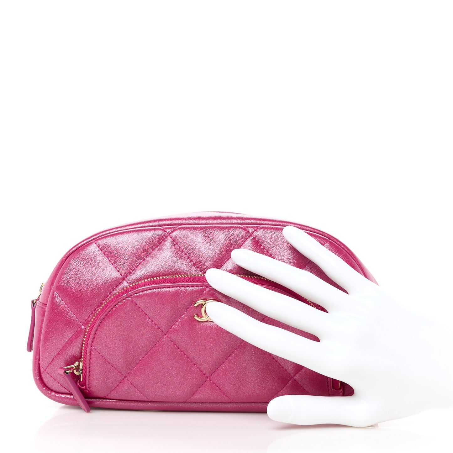 Iridescent Lambskin Quilted Double Zip Pouch Fuchsia