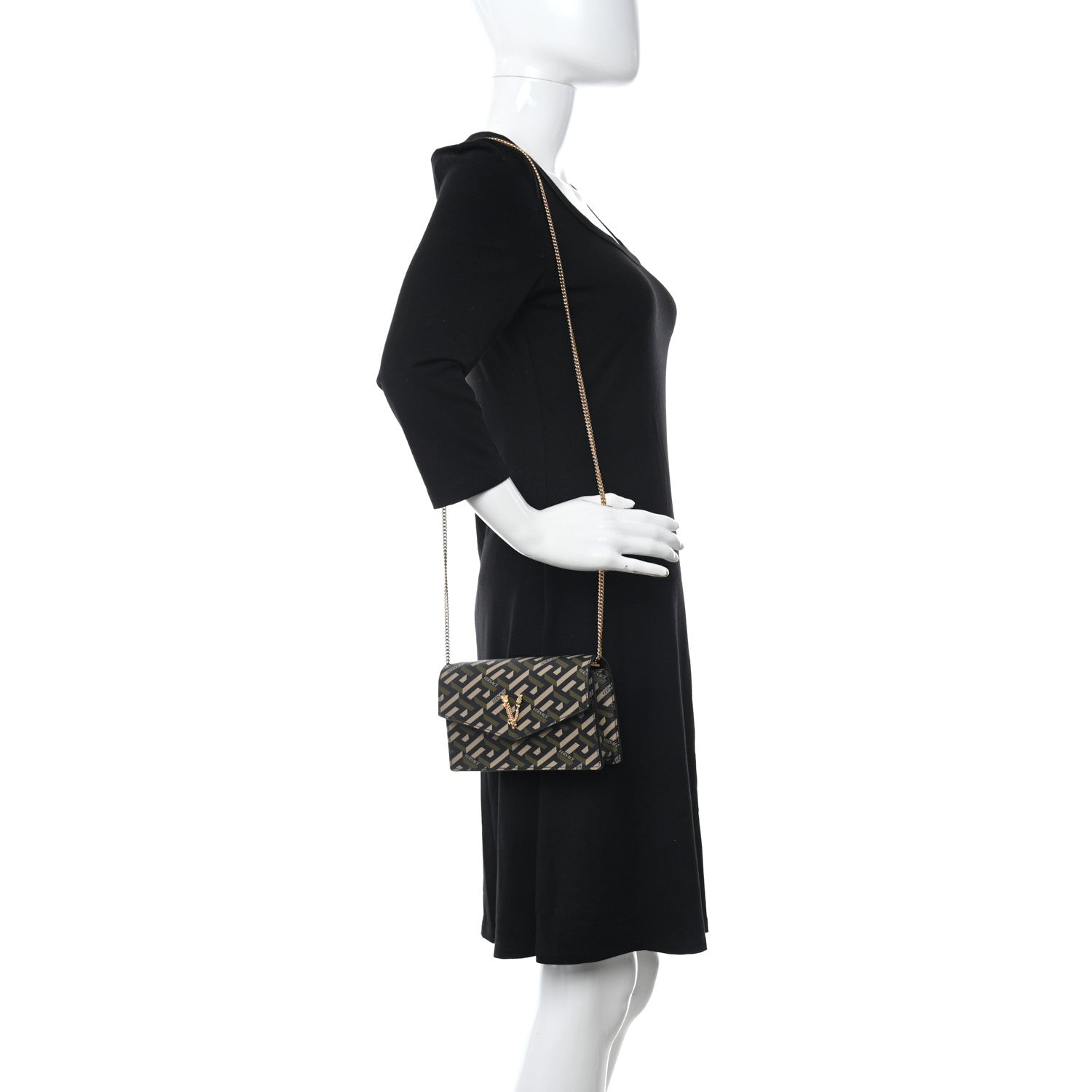 Versace Coated Canvas Virtus La Greca Signature Shoulder Bag Black Khaki 2 of 11