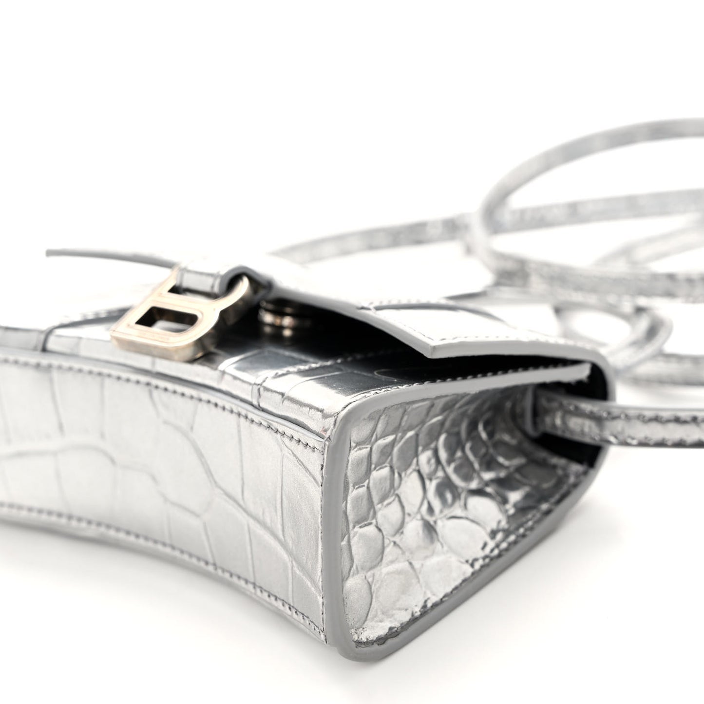 Metallic Calfskin Crocodile Embossed Hourglass Top Handle Bag Mini Silver