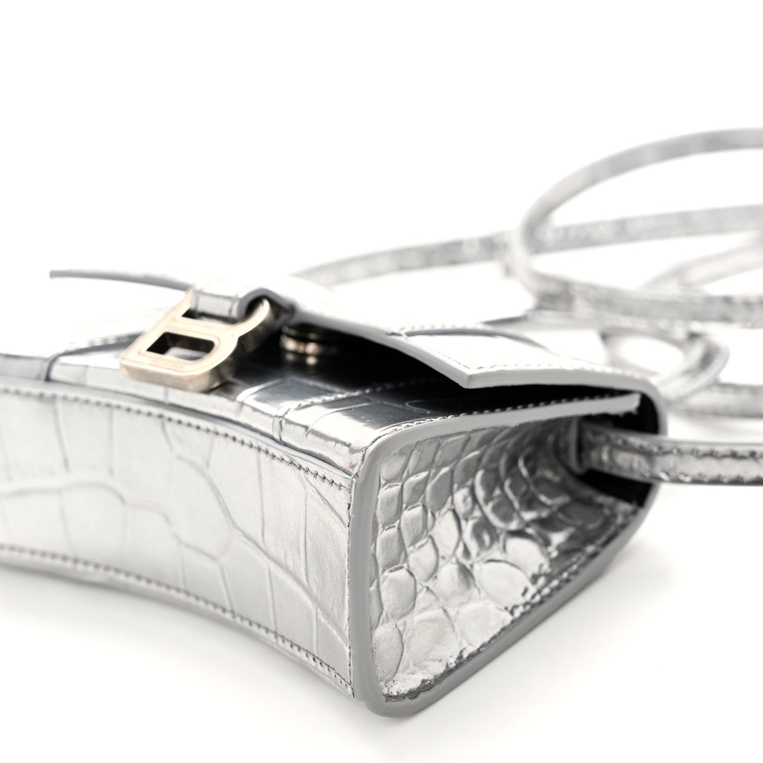 Balenciaga Metallic Calfskin Crocodile Embossed Hourglass Top Handle Bag Mini Silver 9 of 9