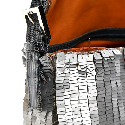 Fendi Sequin Beaded Lizard Baguette Silver Orange 10 of 14
