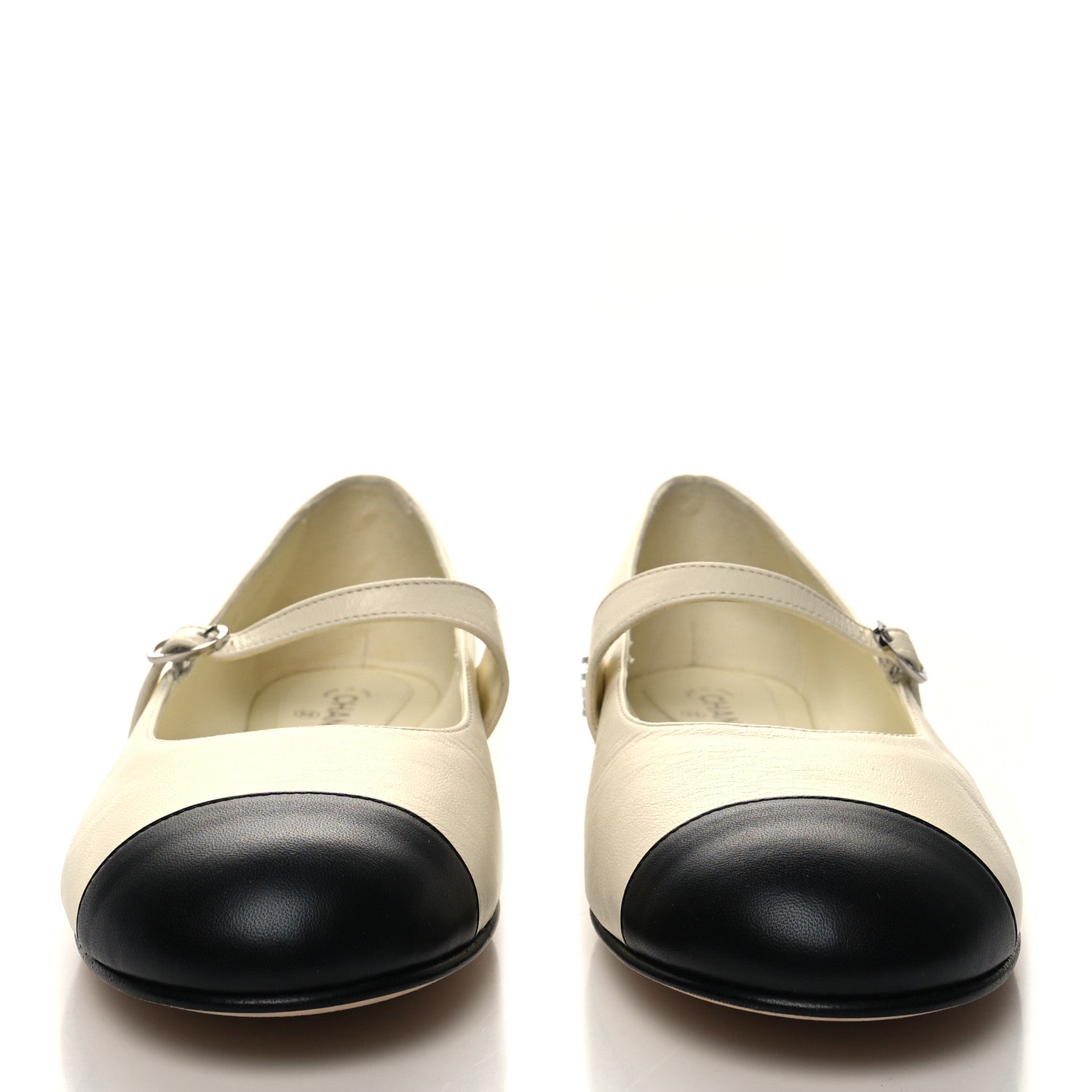 Chanel Lambskin Crystal Cap Toe CC Flats 39.5 Ivory Black 2 of 9