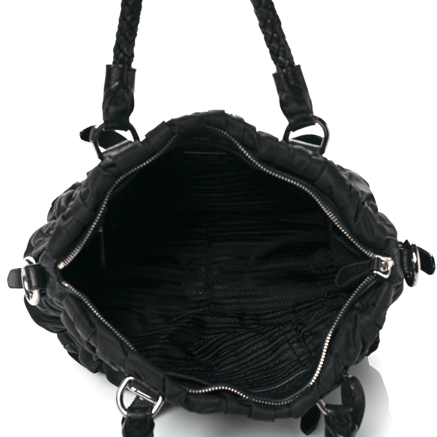 Tessuto Nylon Nappa Braided Gaufre Shopping Satchel Black