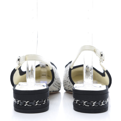 Chanel Tweed Cap Toe CC Slingback Flat 38 White Black 5 of 10
