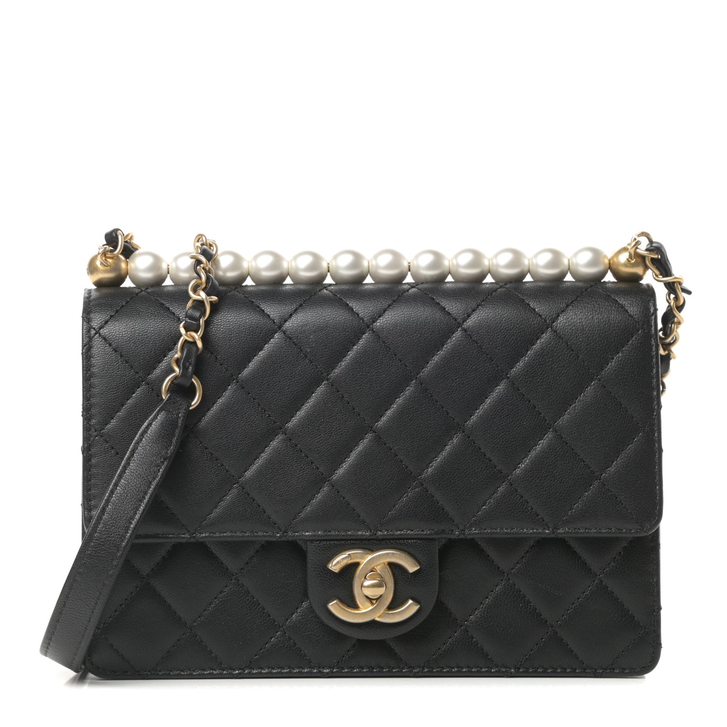 Lambskin Quilted Small Chic Pearls Flap Black