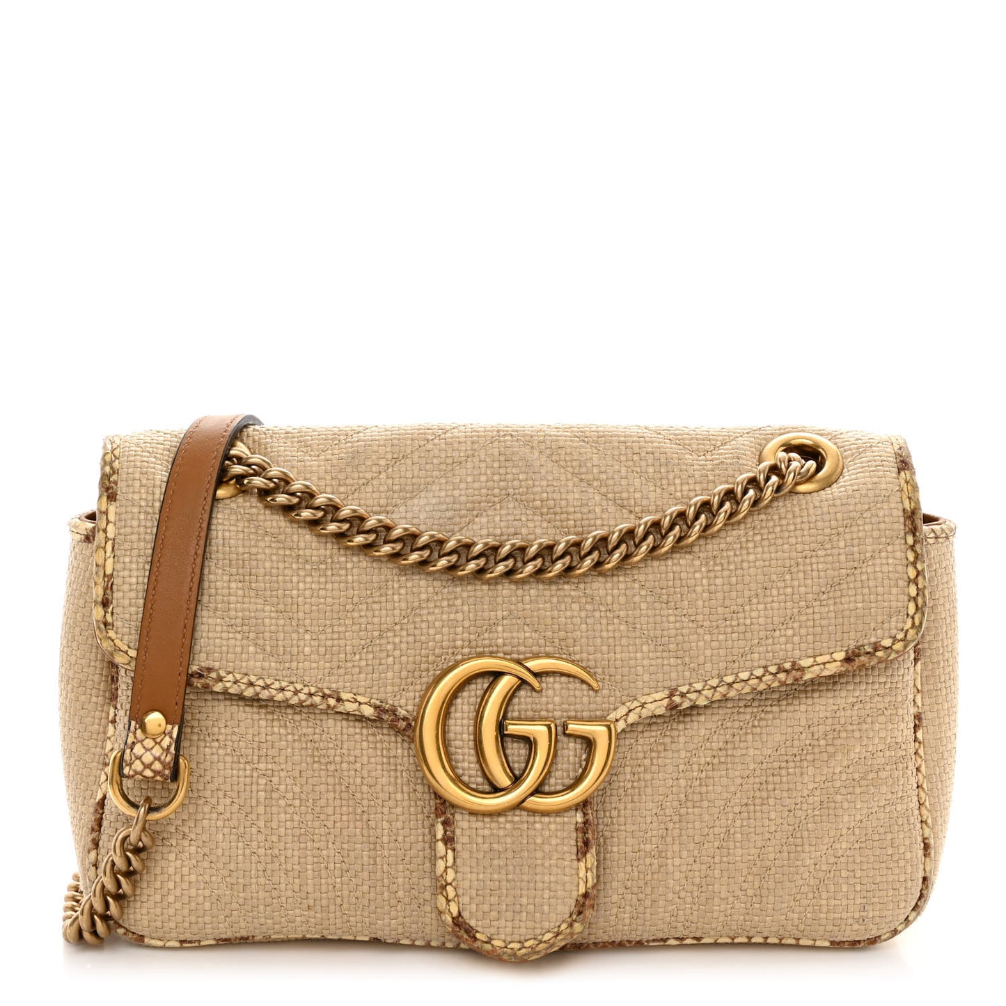 Raffia Elaphe Matelasse Small GG Marmont Shoulder Bag Natural Cream Brown