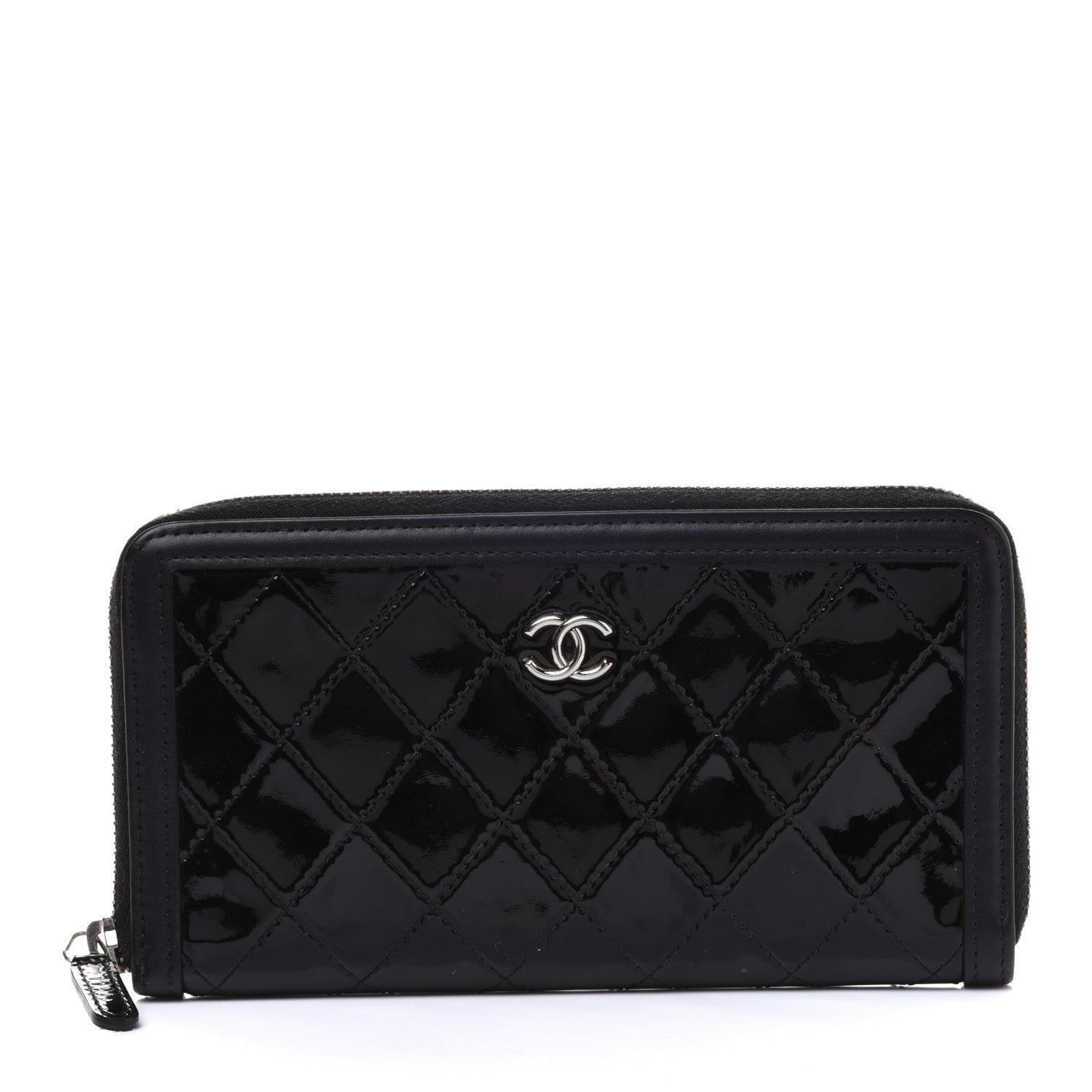 Chanel Patent Lambskin Quilted Zip Around Wallet Black 1 of 9