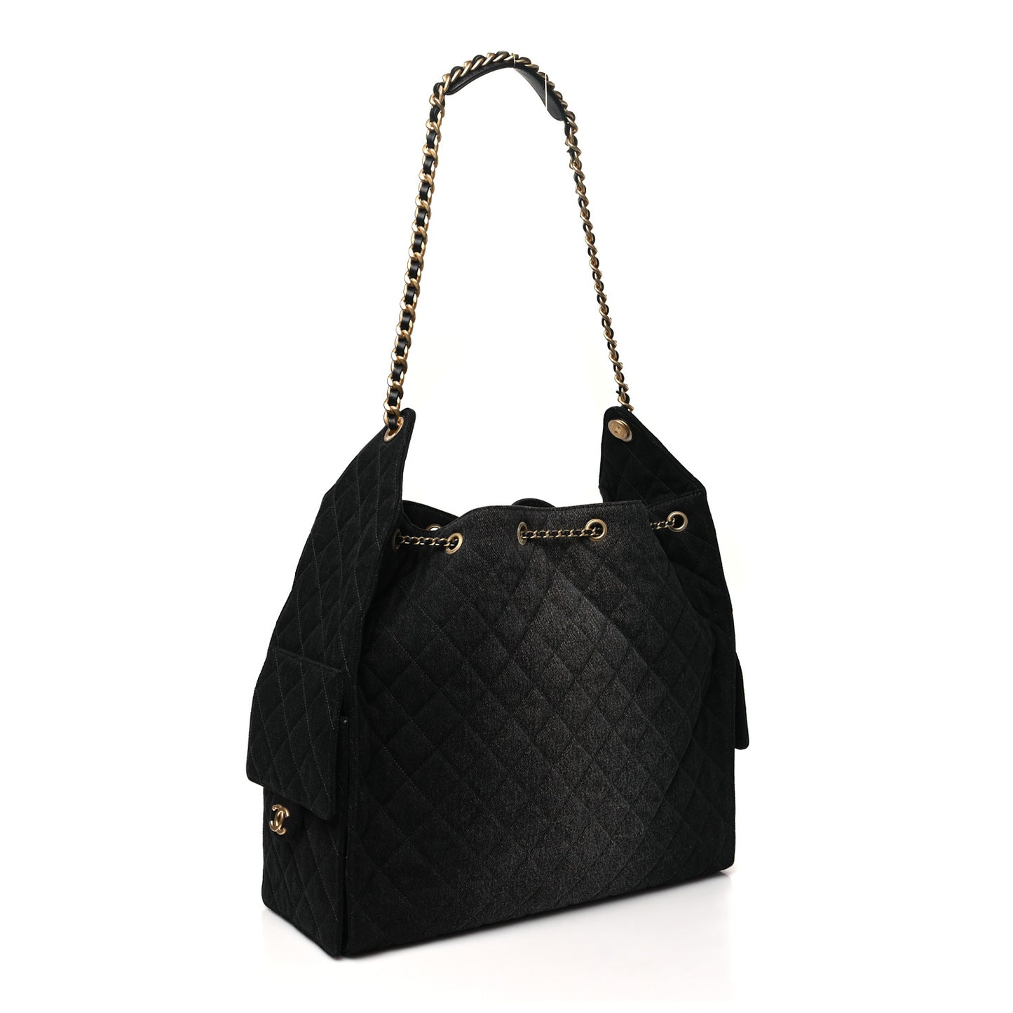Washed Denim Quilted Large Chanel 25 Handbag Black