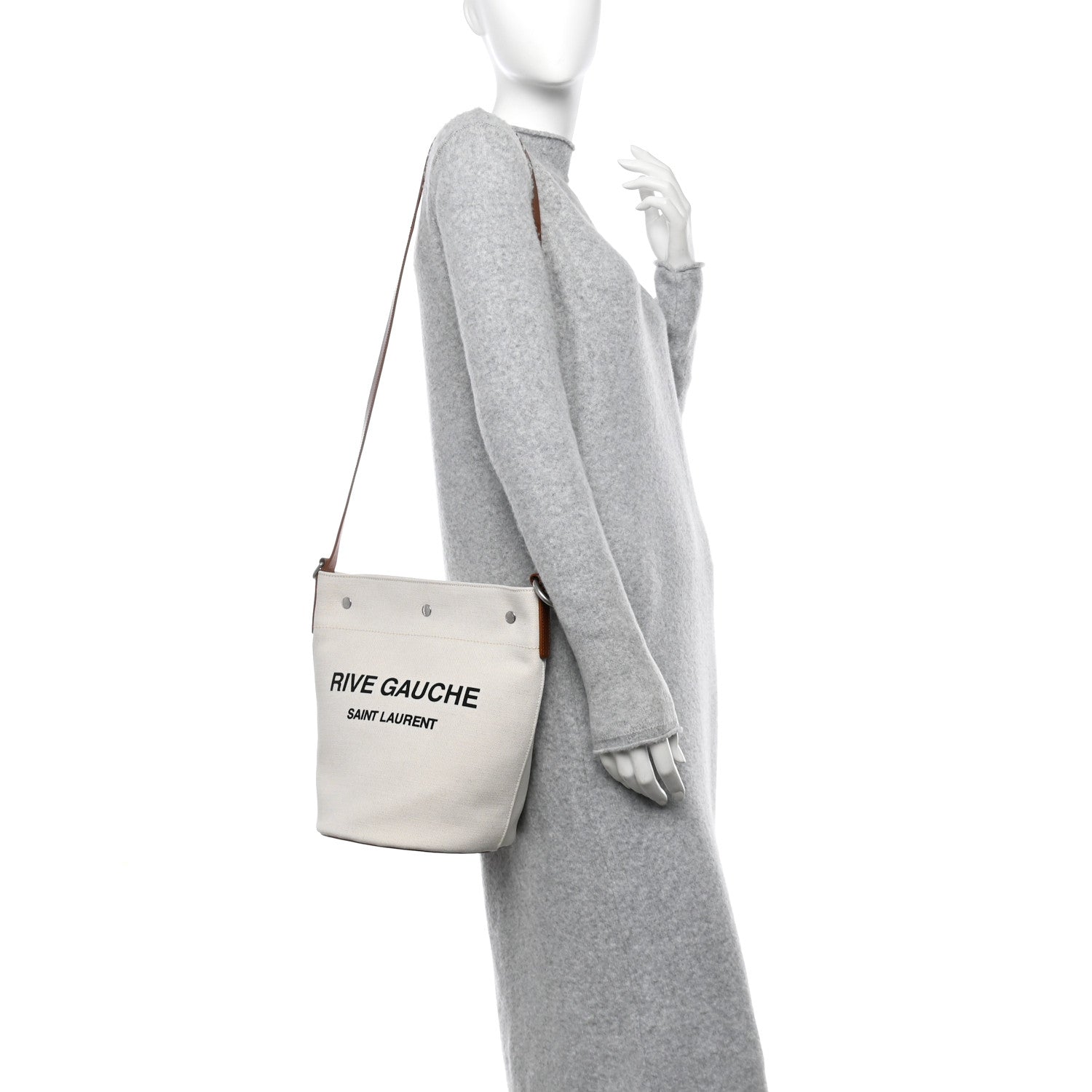 Saint Laurent Linen Calfskin Rive Gauche Bucket Bag Optic White Cognac 2 of 12