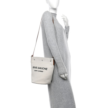 Saint Laurent Linen Calfskin Rive Gauche Bucket Bag Optic White Cognac 2 of 12