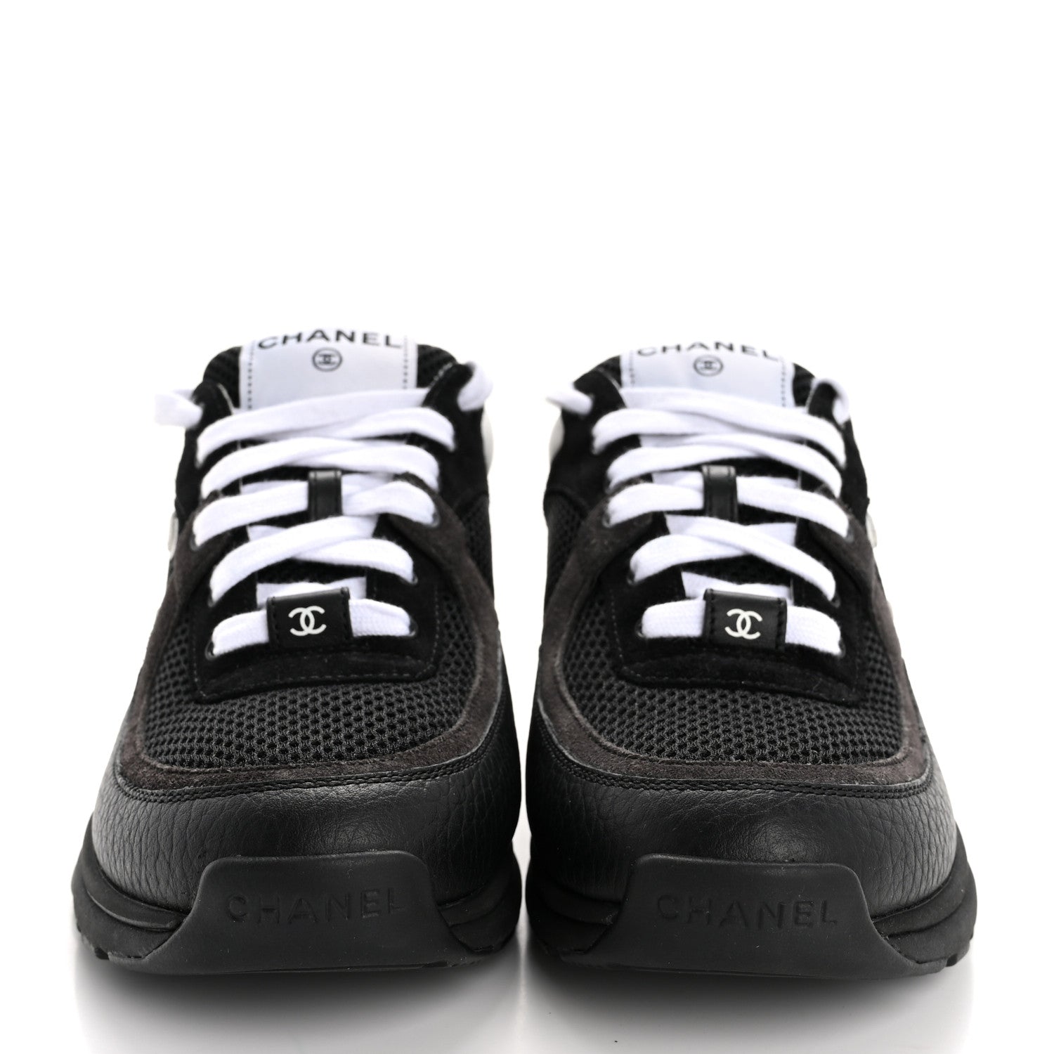 Chanel Mesh Suede Grained Calfskin Womens CC Sneakers 38 Black White 3 of 12