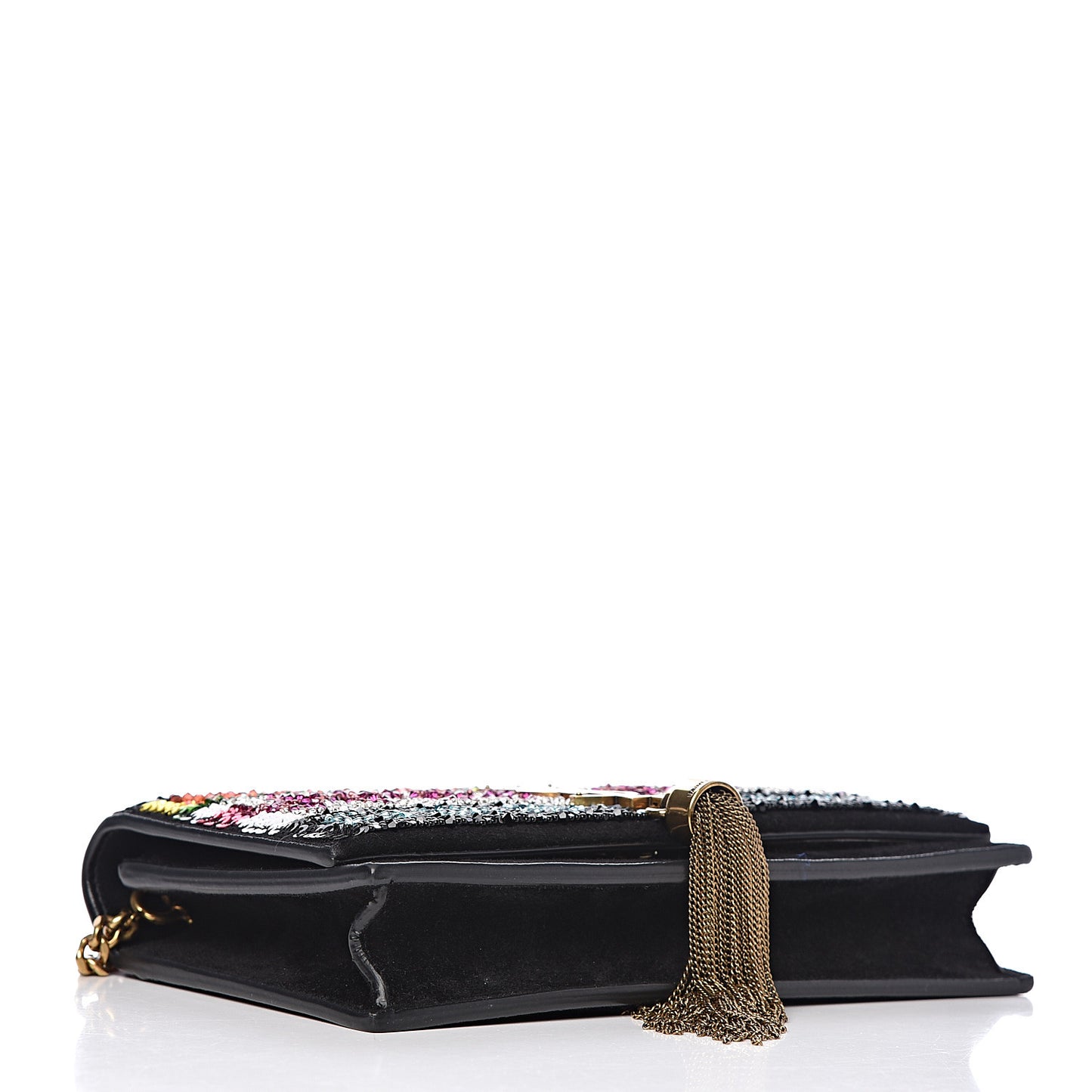 Suede Sequin Bead Embellished Classic Monogram Kate Tassel Chain Wallet Black Multicolor