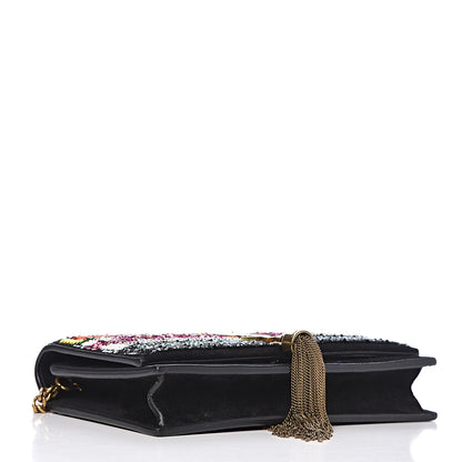 Saint Laurent Suede Sequin Bead Embellished Classic Monogram Kate Tassel Chain Wallet Black Multicolor 4 of 10