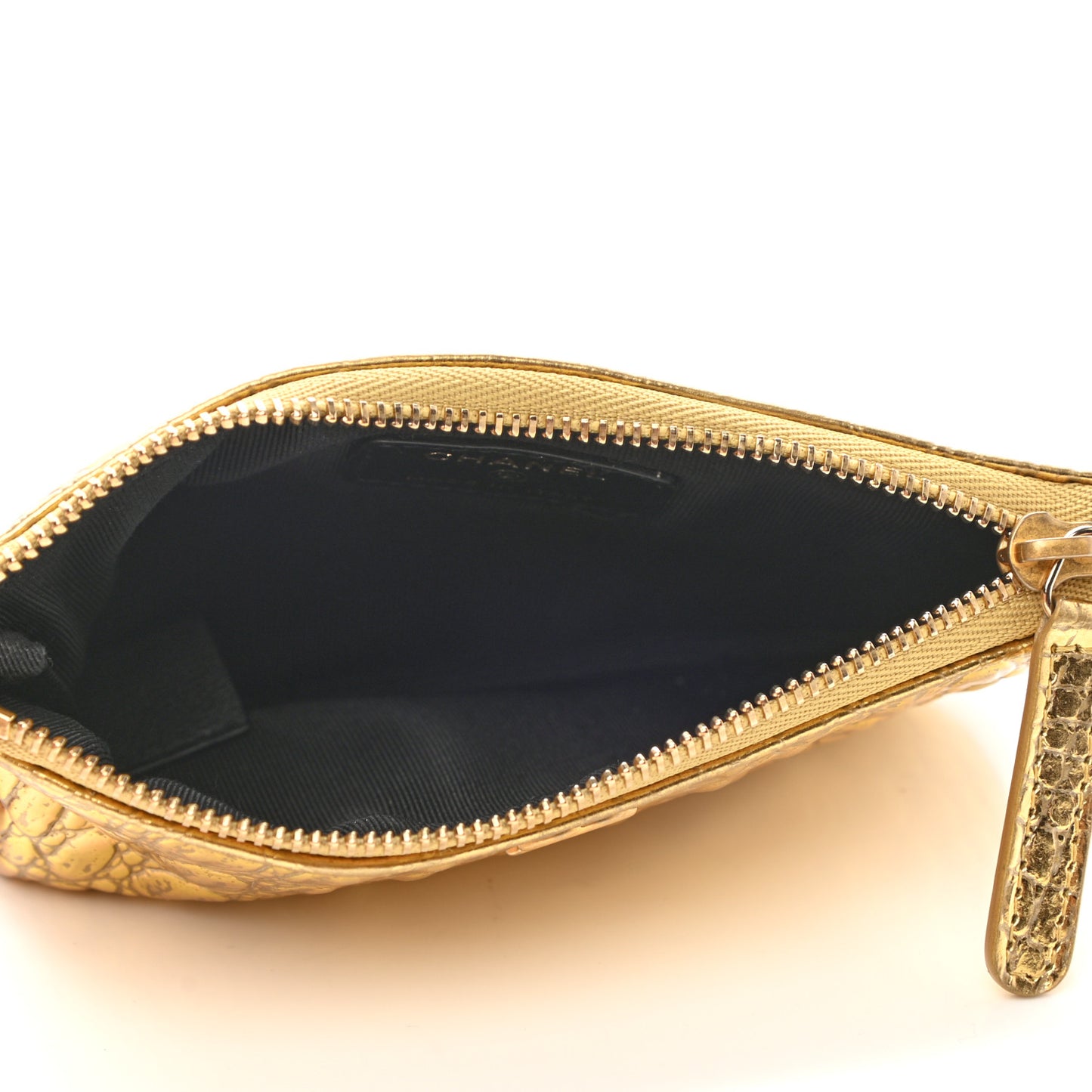 Metallic Calfskin Crocodile Embossed Cocodile Small Cosmetic Case Gold