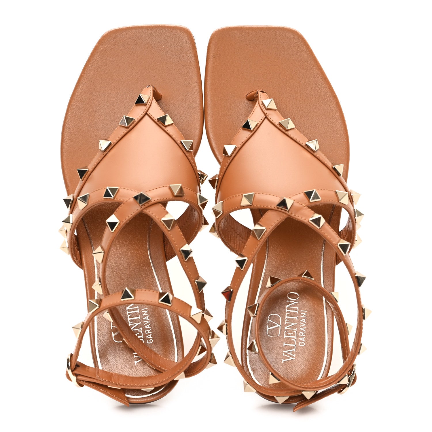 Valentino Garavani Calfskin Rockstud Ankle Wrap Flat Thong Sandals 37 Brown 2 of 9