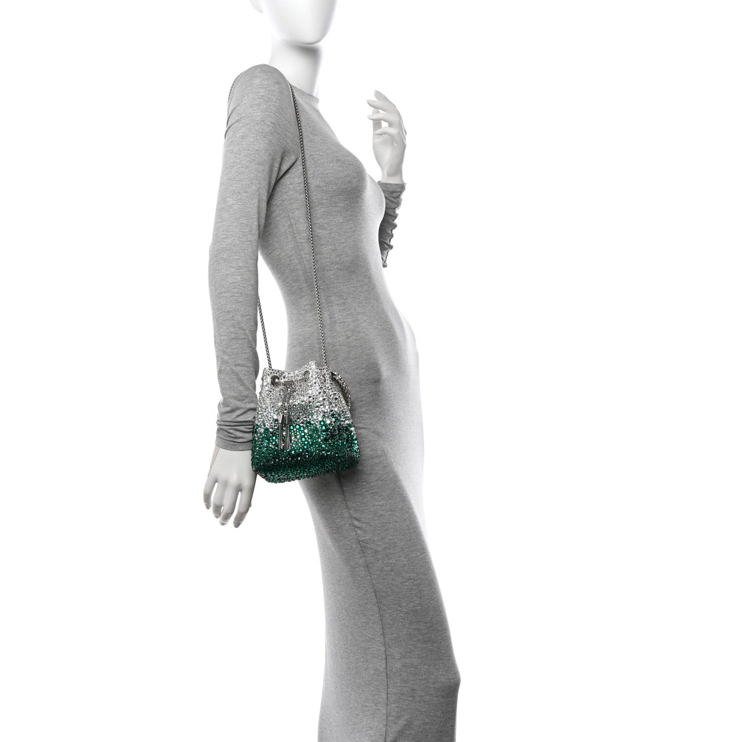 Satin Hotfix Crystal Embellished Bon Bon Bucket Bag Green Silver
