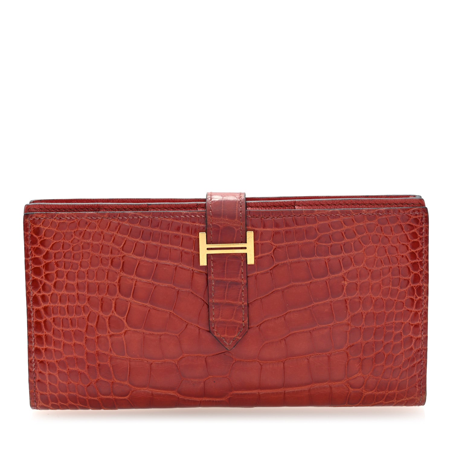 Hermes Shiny Alligator Bearn Gusset Wallet Geranium 1 of 7