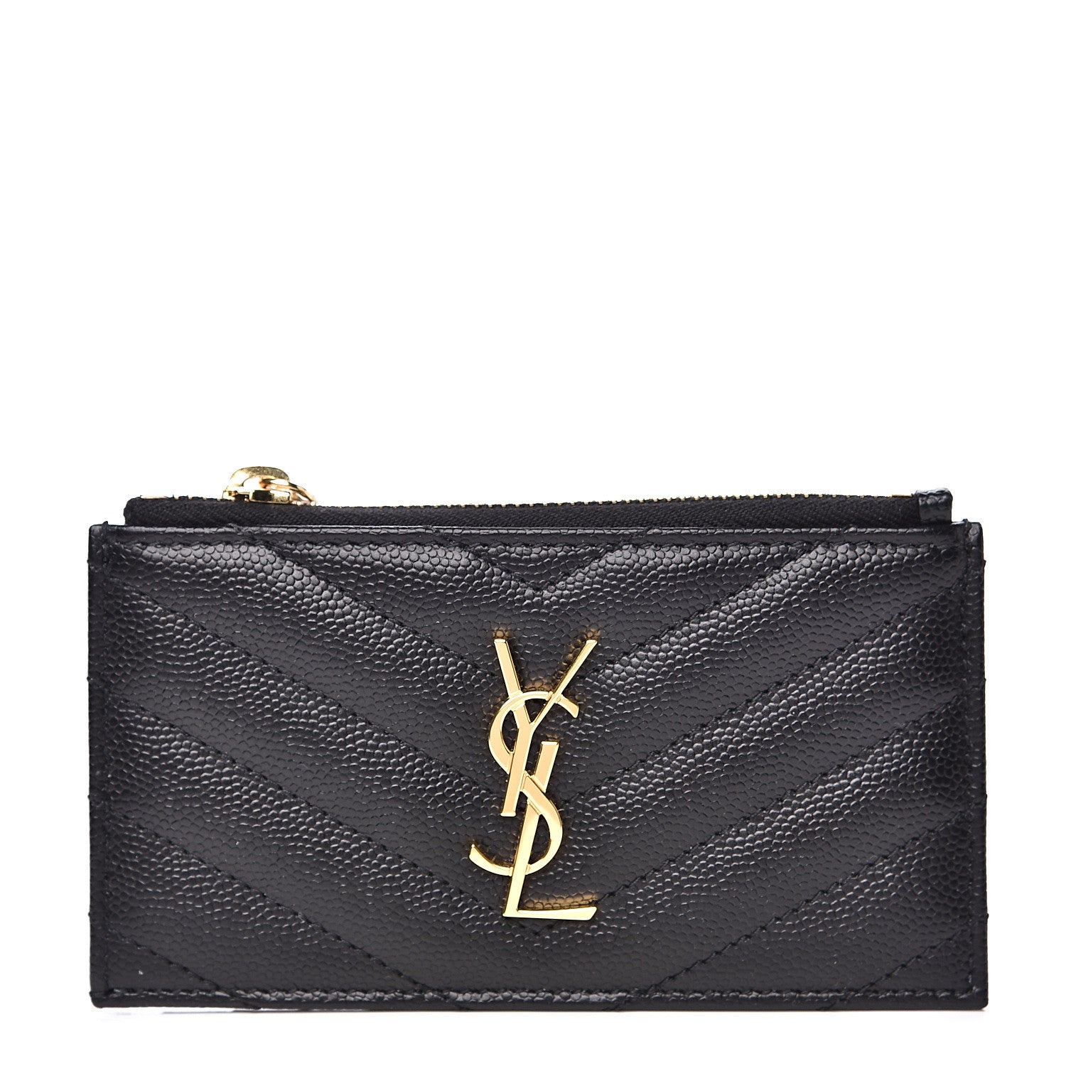 Saint Laurent Grain De Poudre Matelasse Chevron Monogram Fragments Zippered Card Case Black 1 of 9