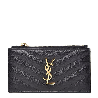Saint Laurent Grain De Poudre Matelasse Chevron Monogram Fragments Zippered Card Case Black 1 of 9