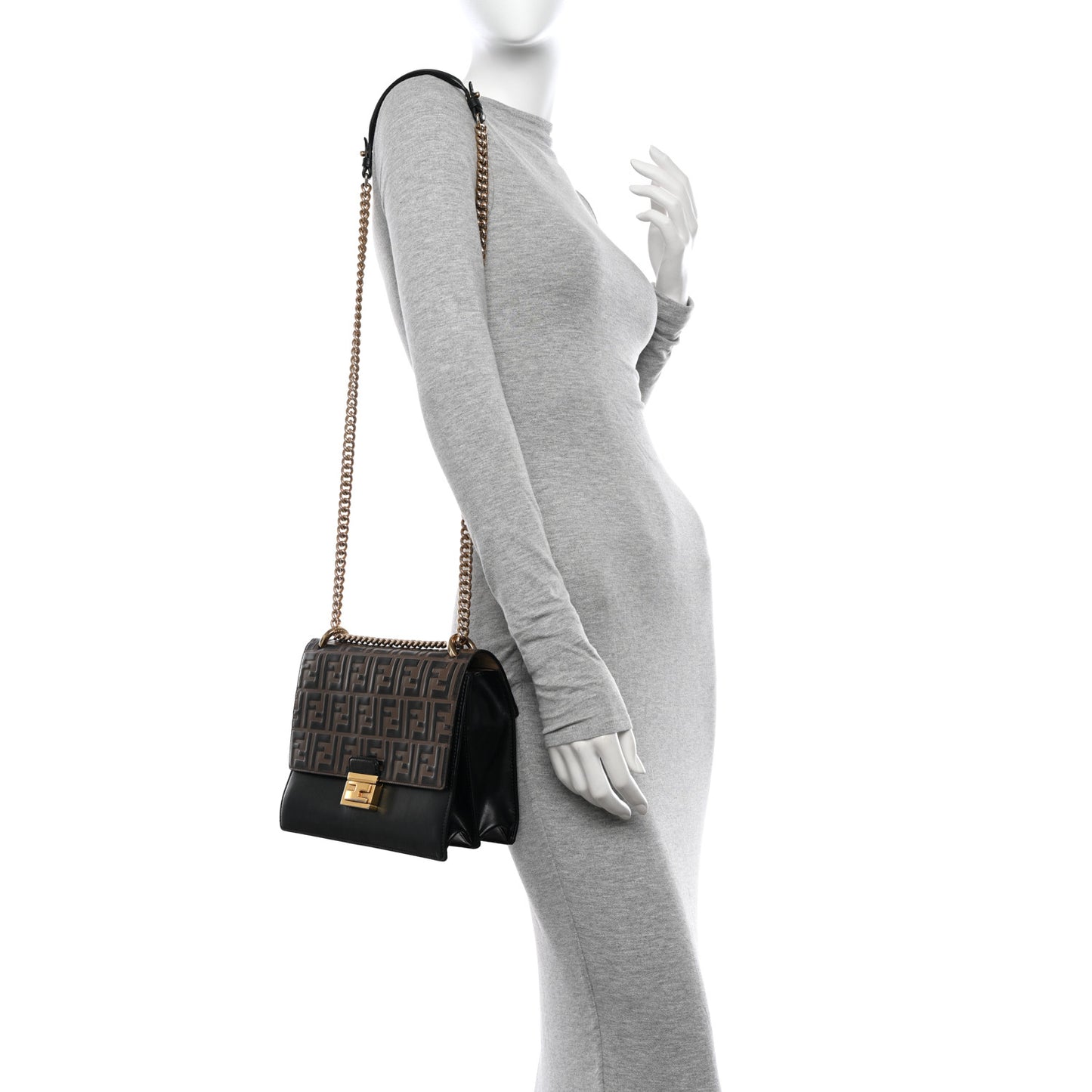 Vitello Liberty Bi-Color FF 1974 Embossed Chain Strap Kan U Shoulder Bag Black Maya